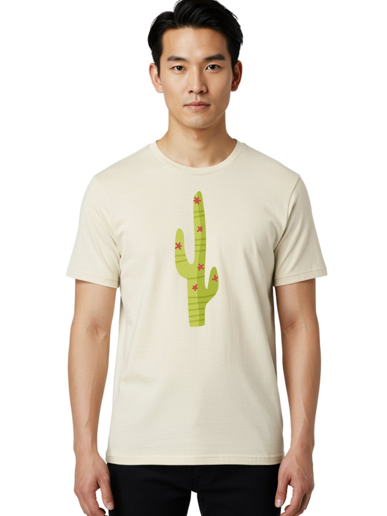 Cactus-1 Men'S Graphic Tee, 100% Cotton, Comfortable Casual Summer Wear, Machine Washable, Cartoon Cactus, Desert Flora, Prickly Plant, Red Flowers, Green Cactus, Southwestern Icon, Graphic Design Element, Simple Illustration, Stylized Cactus Aad677 25