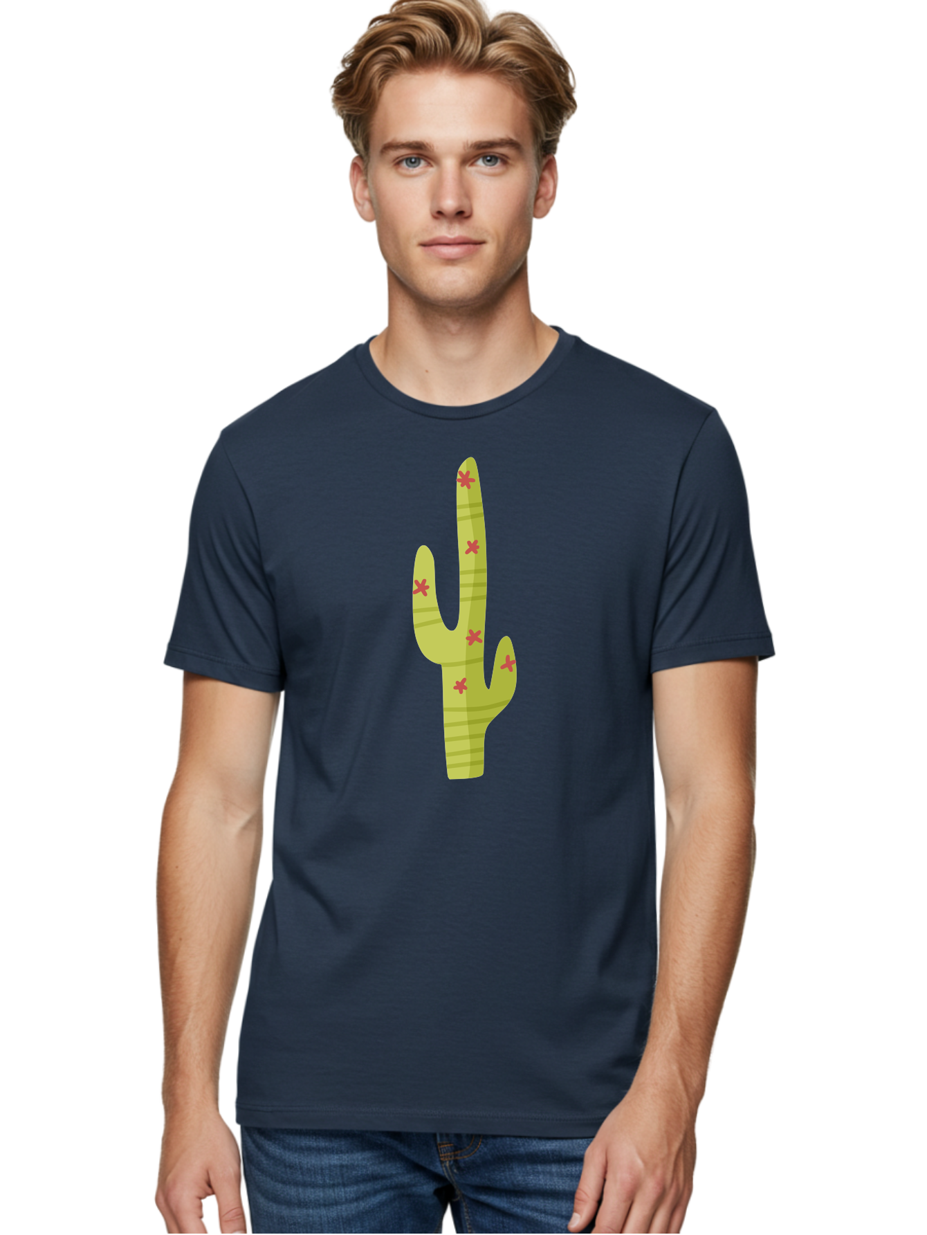 Cactus-1 Men'S Graphic Tee, 100% Cotton, Comfortable Casual Summer Wear, Machine Washable, Cartoon Cactus, Desert Flora, Prickly Plant, Red Flowers, Green Cactus, Southwestern Icon, Graphic Design Element, Simple Illustration, Stylized Cactus Aad677 22