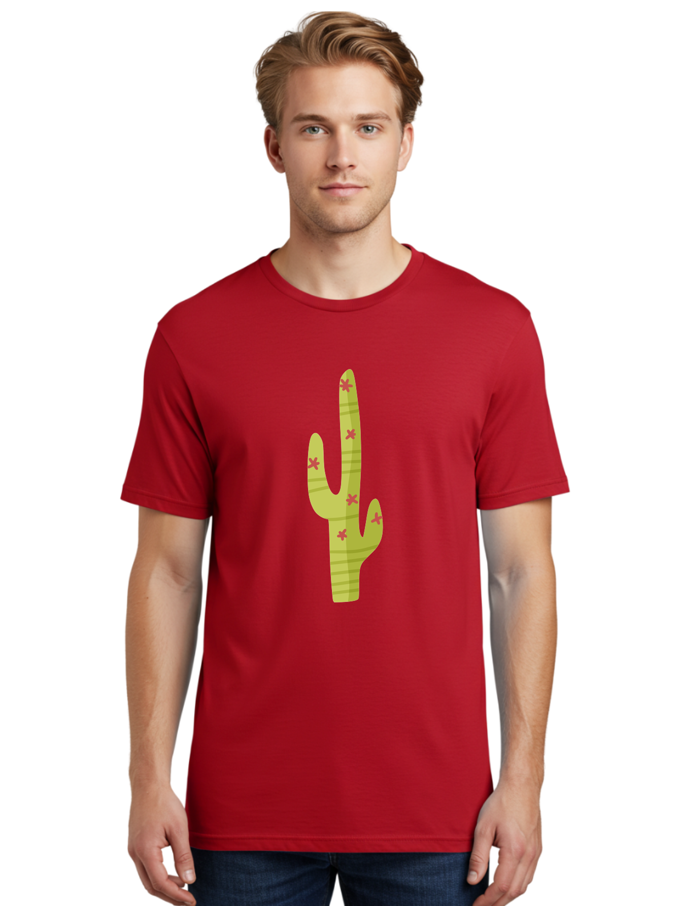 Cactus-1 Men'S Graphic Tee, 100% Cotton, Comfortable Casual Summer Wear, Machine Washable, Cartoon Cactus, Desert Flora, Prickly Plant, Red Flowers, Green Cactus, Southwestern Icon, Graphic Design Element, Simple Illustration, Stylized Cactus Aad677 4