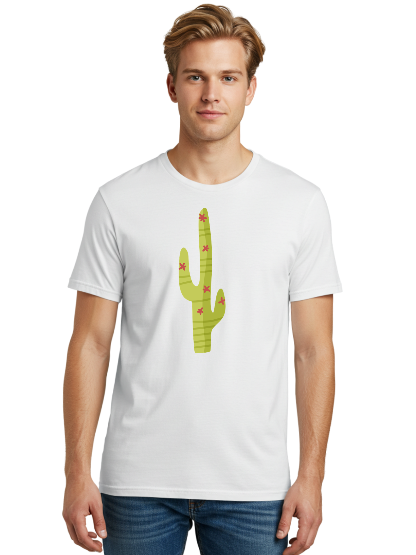 Cactus-1 Men'S Graphic Tee, 100% Cotton, Comfortable Casual Summer Wear, Machine Washable, Cartoon Cactus, Desert Flora, Prickly Plant, Red Flowers, Green Cactus, Southwestern Icon, Graphic Design Element, Simple Illustration, Stylized Cactus Aad677 18