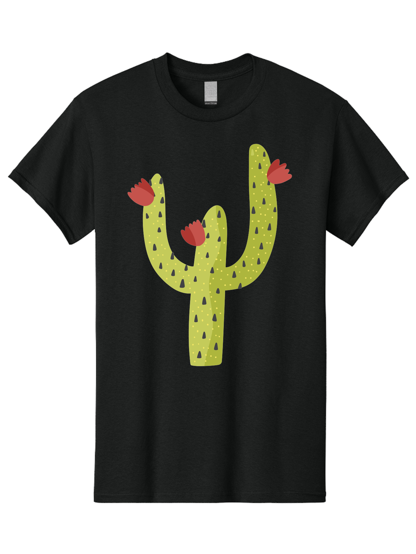 Cactus-With-Red-Flowers Men'S Graphic Tee, 100% Cotton, Comfortable Casual Summer Wear, Machine Washable, Cartoon Cactus, Cactus With Flowers, Desert Plant, Red Flowers, Green Cactus, Illustration Art, Simple Design, Stylized Cactus Aad678 25