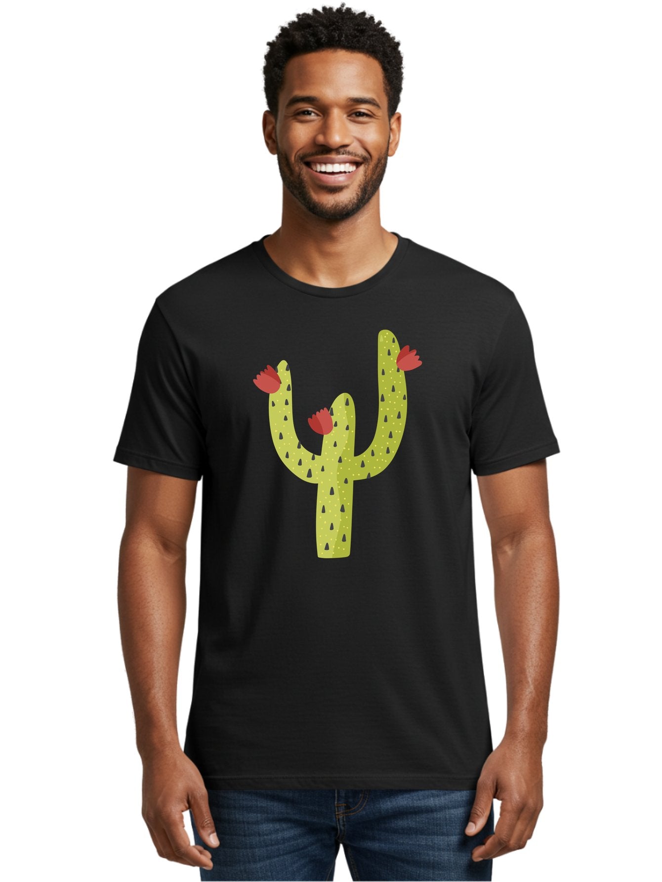 Cactus-With-Red-Flowers Men'S Graphic Tee, 100% Cotton, Comfortable Casual Summer Wear, Machine Washable, Cartoon Cactus, Cactus With Flowers, Desert Plant, Red Flowers, Green Cactus, Illustration Art, Simple Design, Stylized Cactus Aad678 16