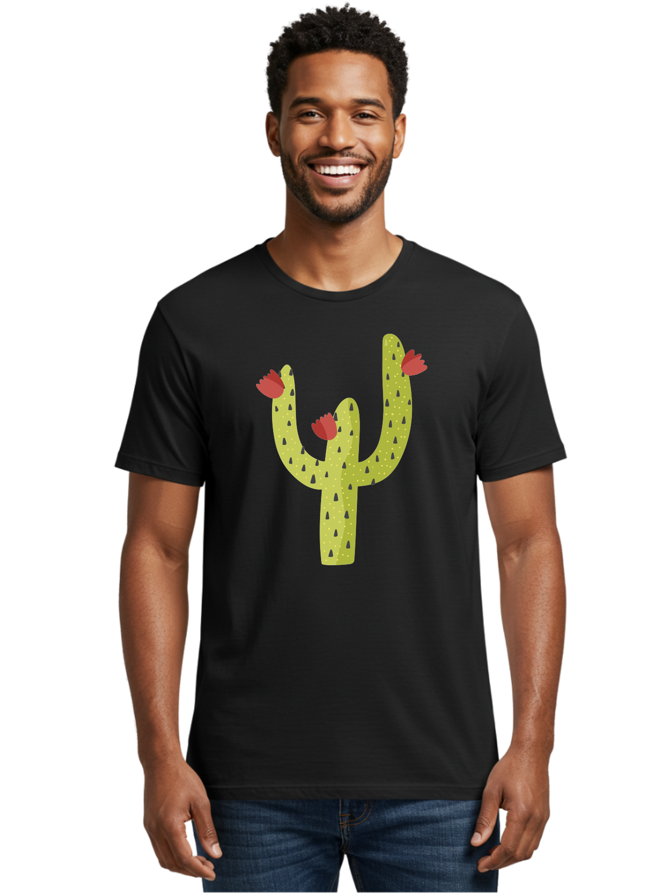 Cactus-With-Red-Flowers Men'S Graphic Tee, 100% Cotton, Comfortable Casual Summer Wear, Machine Washable, Cartoon Cactus, Cactus With Flowers, Desert Plant, Red Flowers, Green Cactus, Illustration Art, Simple Design, Stylized Cactus Aad678 26