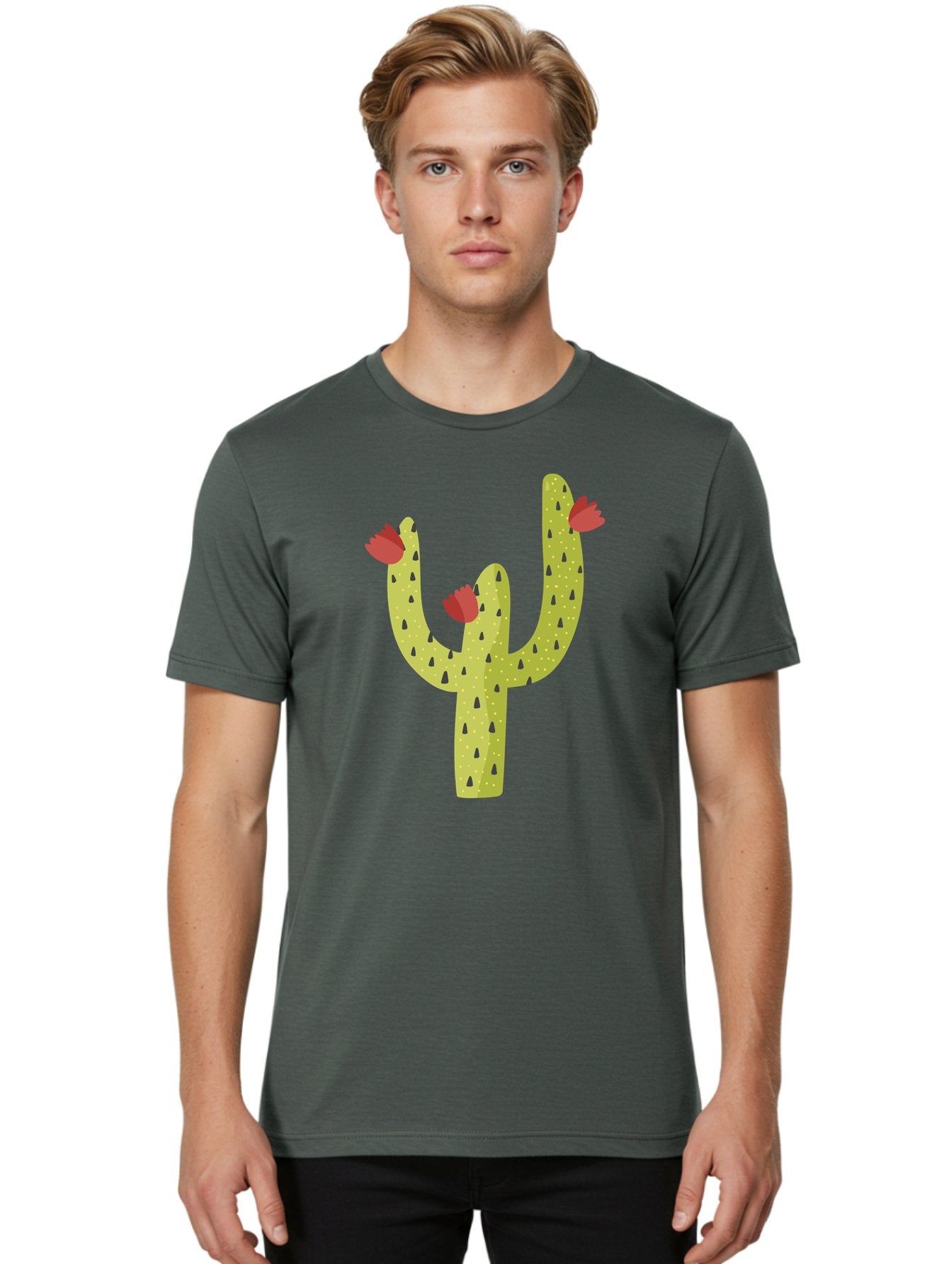 Cactus-With-Red-Flowers Men'S Graphic Tee, 100% Cotton, Comfortable Casual Summer Wear, Machine Washable, Cartoon Cactus, Cactus With Flowers, Desert Plant, Red Flowers, Green Cactus, Illustration Art, Simple Design, Stylized Cactus Aad678 25