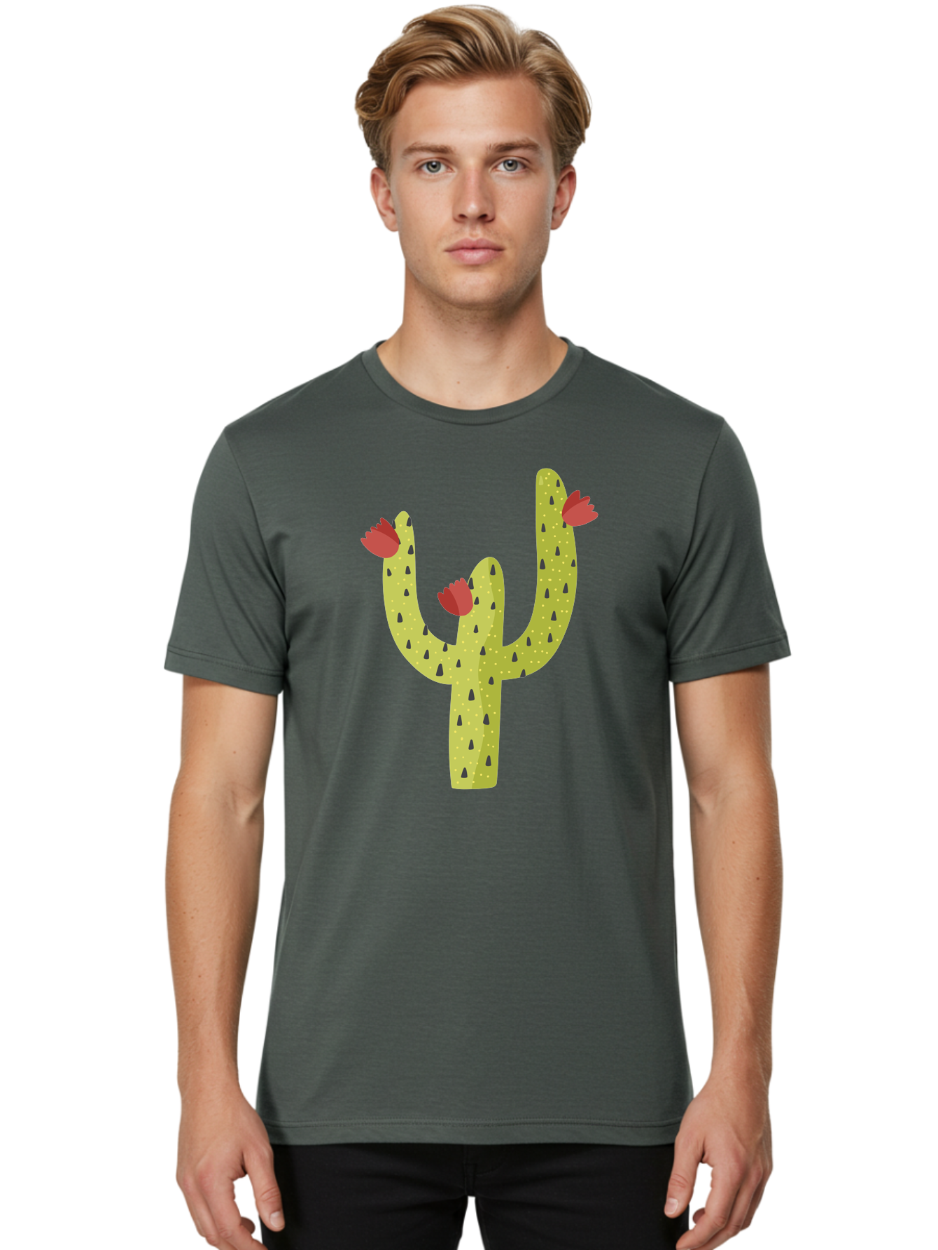 Cactus-With-Red-Flowers Men'S Graphic Tee, 100% Cotton, Comfortable Casual Summer Wear, Machine Washable, Cartoon Cactus, Cactus With Flowers, Desert Plant, Red Flowers, Green Cactus, Illustration Art, Simple Design, Stylized Cactus Aad678 12