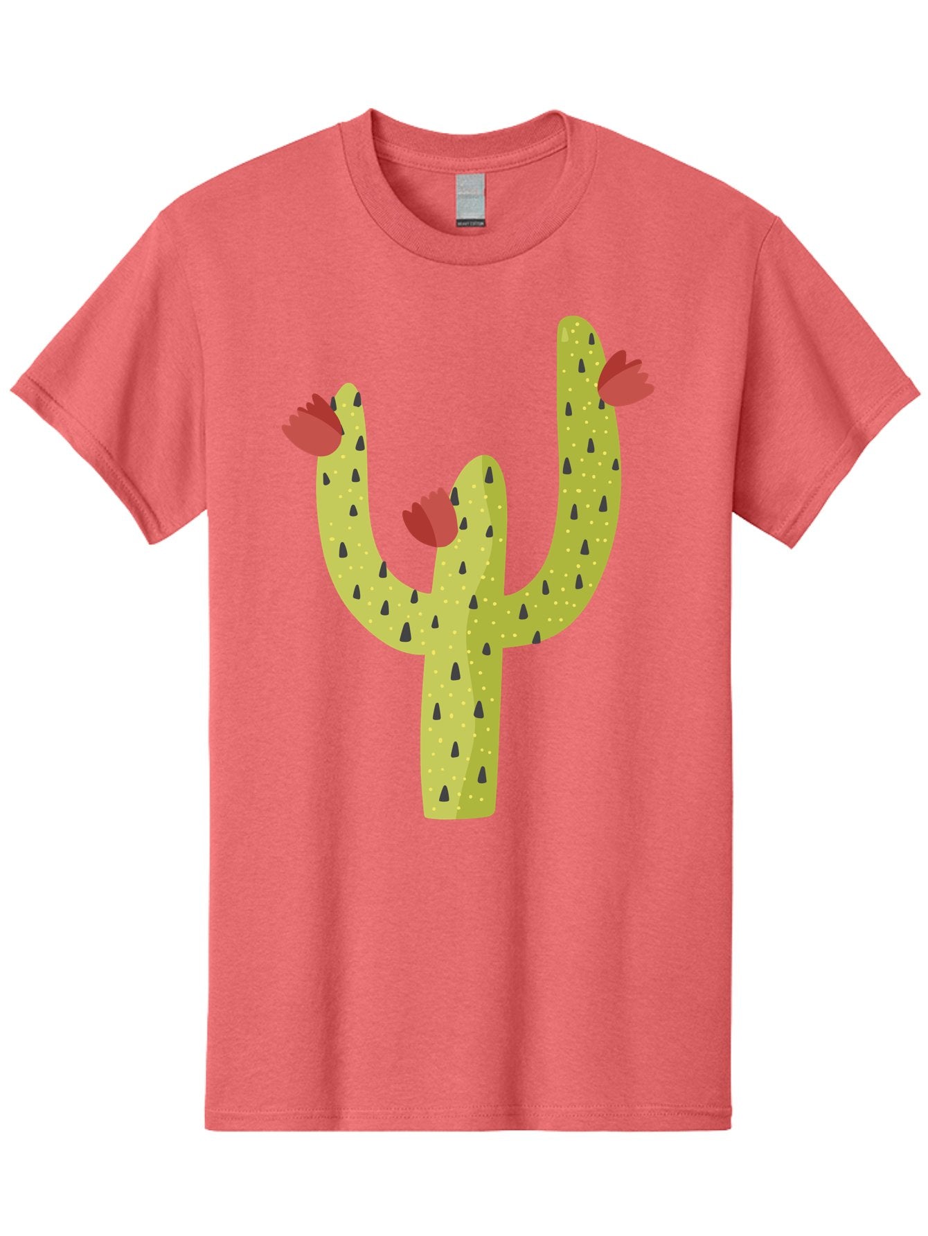 Cactus-With-Red-Flowers Men'S Graphic Tee, 100% Cotton, Comfortable Casual Summer Wear, Machine Washable, Cartoon Cactus, Cactus With Flowers, Desert Plant, Red Flowers, Green Cactus, Illustration Art, Simple Design, Stylized Cactus Aad678