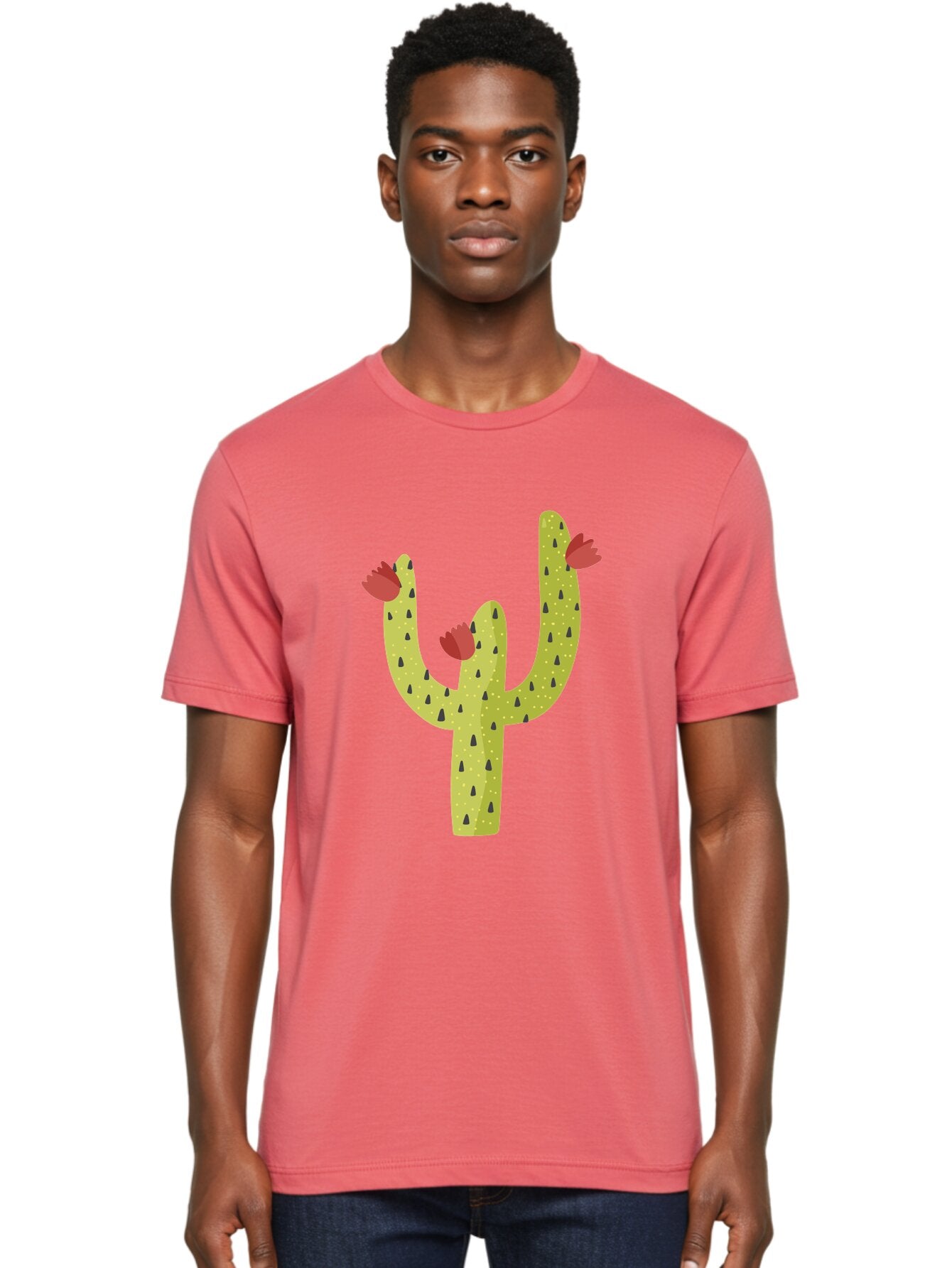 Cactus-With-Red-Flowers Men'S Graphic Tee, 100% Cotton, Comfortable Casual Summer Wear, Machine Washable, Cartoon Cactus, Cactus With Flowers, Desert Plant, Red Flowers, Green Cactus, Illustration Art, Simple Design, Stylized Cactus Aad678 19
