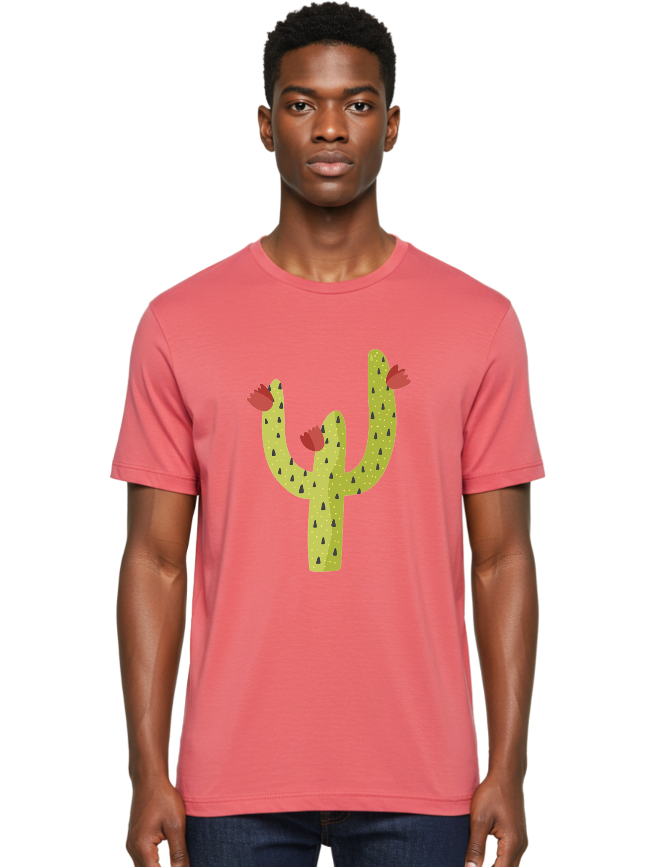 Cactus-With-Red-Flowers Men'S Graphic Tee, 100% Cotton, Comfortable Casual Summer Wear, Machine Washable, Cartoon Cactus, Cactus With Flowers, Desert Plant, Red Flowers, Green Cactus, Illustration Art, Simple Design, Stylized Cactus Aad678 22