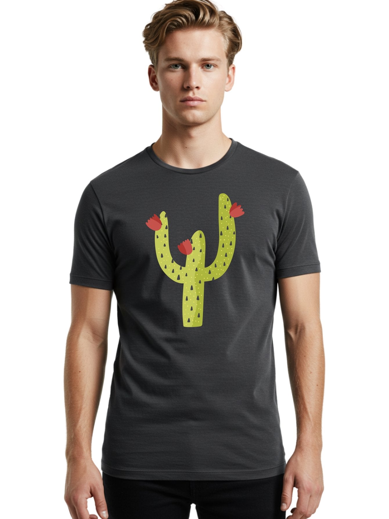 Cactus-With-Red-Flowers Men'S Graphic Tee, 100% Cotton, Comfortable Casual Summer Wear, Machine Washable, Cartoon Cactus, Cactus With Flowers, Desert Plant, Red Flowers, Green Cactus, Illustration Art, Simple Design, Stylized Cactus Aad678 30