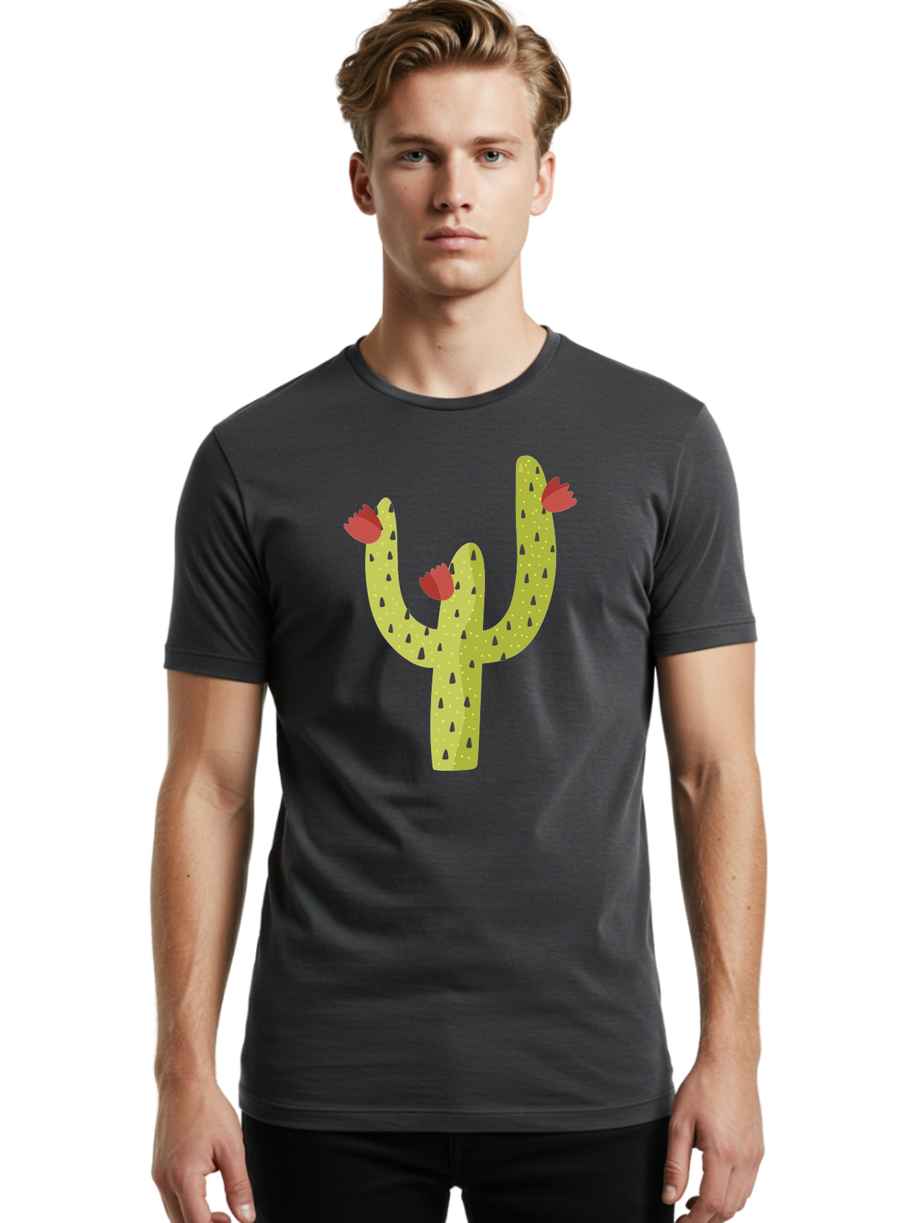 Cactus-With-Red-Flowers Men'S Graphic Tee, 100% Cotton, Comfortable Casual Summer Wear, Machine Washable, Cartoon Cactus, Cactus With Flowers, Desert Plant, Red Flowers, Green Cactus, Illustration Art, Simple Design, Stylized Cactus Aad678