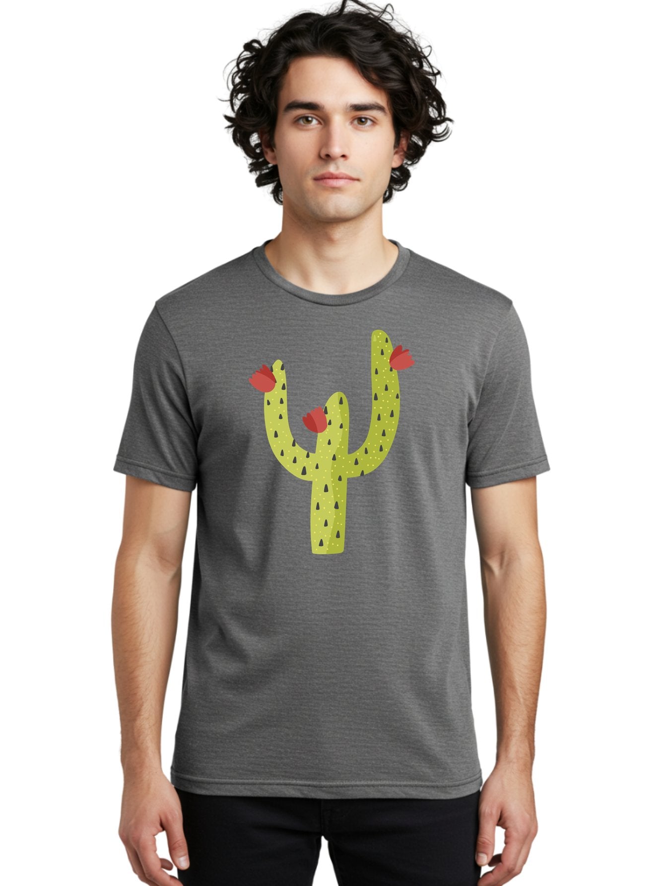 Cactus-With-Red-Flowers Men'S Graphic Tee, 100% Cotton, Comfortable Casual Summer Wear, Machine Washable, Cartoon Cactus, Cactus With Flowers, Desert Plant, Red Flowers, Green Cactus, Illustration Art, Simple Design, Stylized Cactus Aad678 20