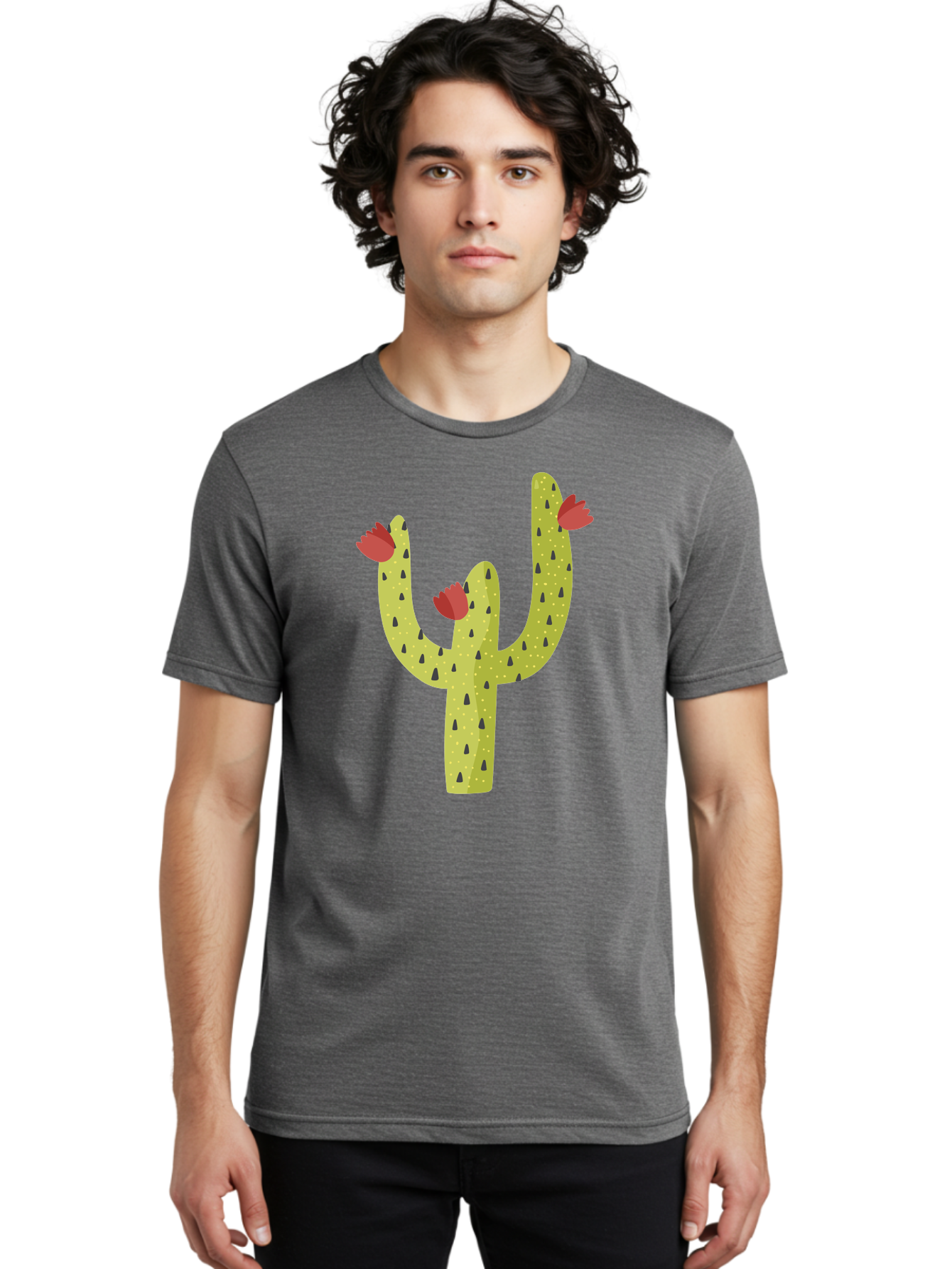 Cactus-With-Red-Flowers Men'S Graphic Tee, 100% Cotton, Comfortable Casual Summer Wear, Machine Washable, Cartoon Cactus, Cactus With Flowers, Desert Plant, Red Flowers, Green Cactus, Illustration Art, Simple Design, Stylized Cactus Aad678 30