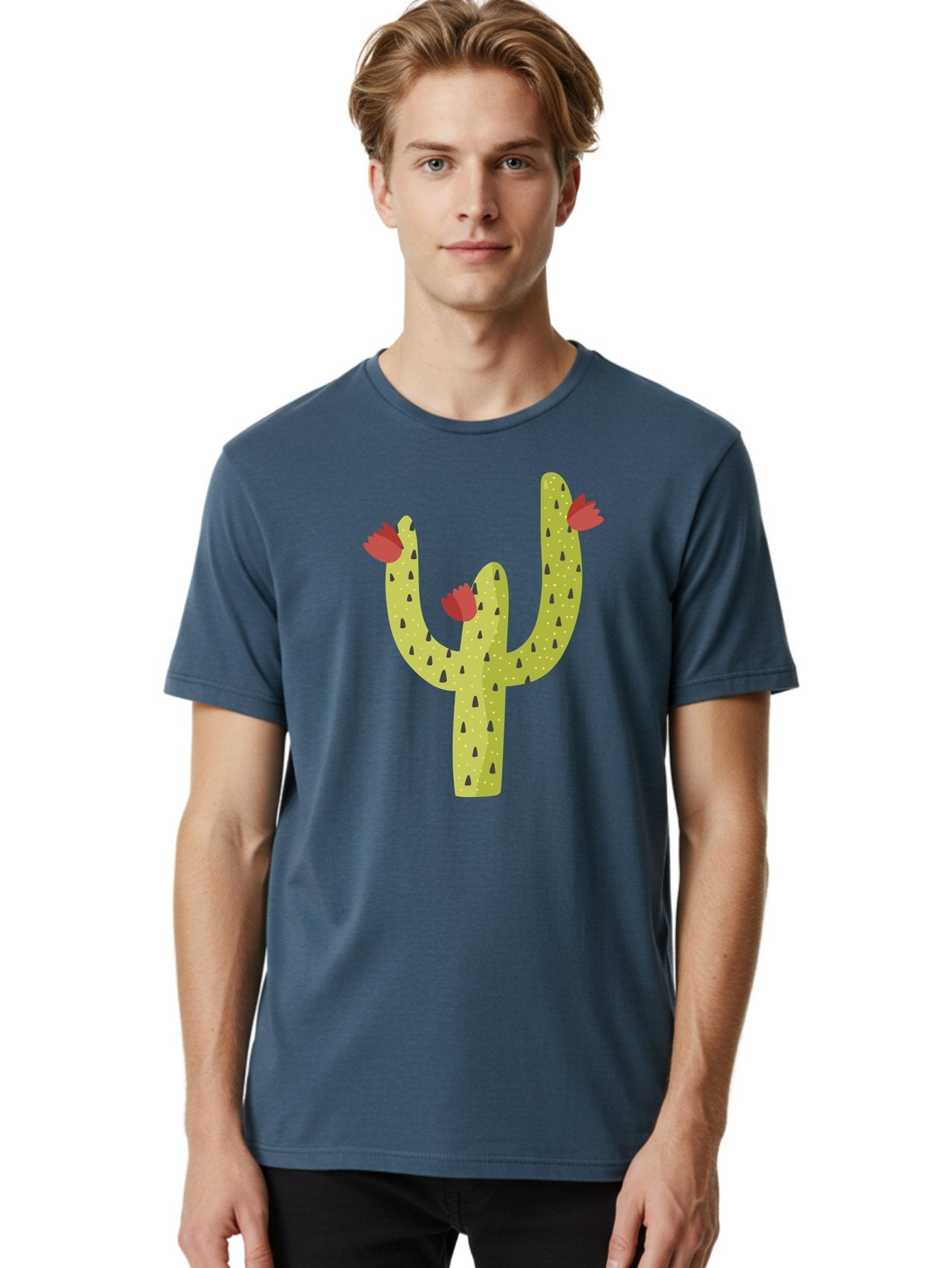 Cactus-With-Red-Flowers Men'S Graphic Tee, 100% Cotton, Comfortable Casual Summer Wear, Machine Washable, Cartoon Cactus, Cactus With Flowers, Desert Plant, Red Flowers, Green Cactus, Illustration Art, Simple Design, Stylized Cactus Aad678 28