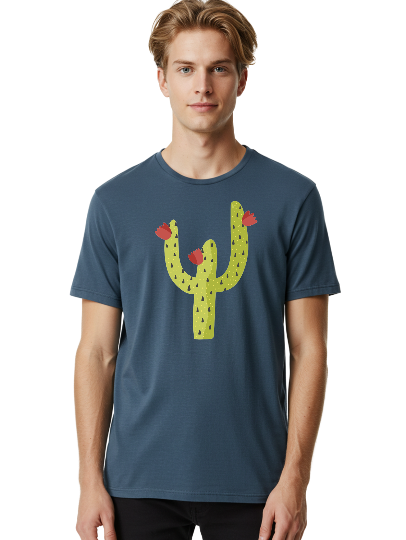 Cactus-With-Red-Flowers Men'S Graphic Tee, 100% Cotton, Comfortable Casual Summer Wear, Machine Washable, Cartoon Cactus, Cactus With Flowers, Desert Plant, Red Flowers, Green Cactus, Illustration Art, Simple Design, Stylized Cactus Aad678 6