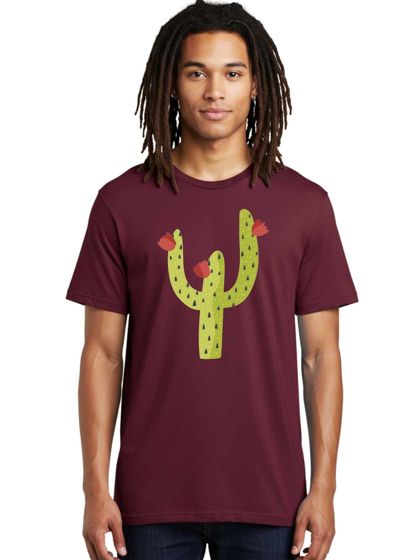 Cactus-With-Red-Flowers Men'S Graphic Tee, 100% Cotton, Comfortable Casual Summer Wear, Machine Washable, Cartoon Cactus, Cactus With Flowers, Desert Plant, Red Flowers, Green Cactus, Illustration Art, Simple Design, Stylized Cactus Aad678 14