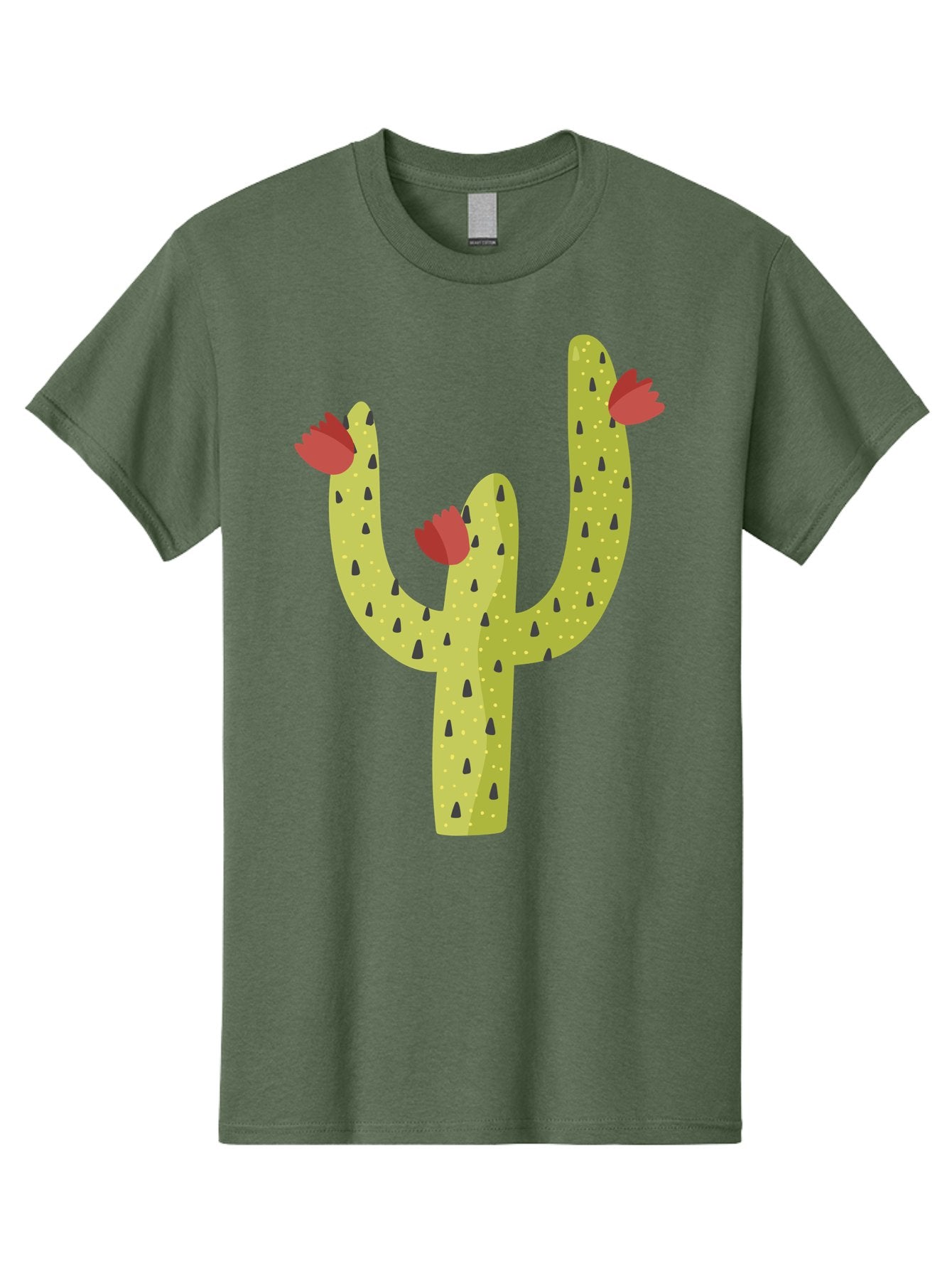 Cactus-With-Red-Flowers Men'S Graphic Tee, 100% Cotton, Comfortable Casual Summer Wear, Machine Washable, Cartoon Cactus, Cactus With Flowers, Desert Plant, Red Flowers, Green Cactus, Illustration Art, Simple Design, Stylized Cactus Aad678 10