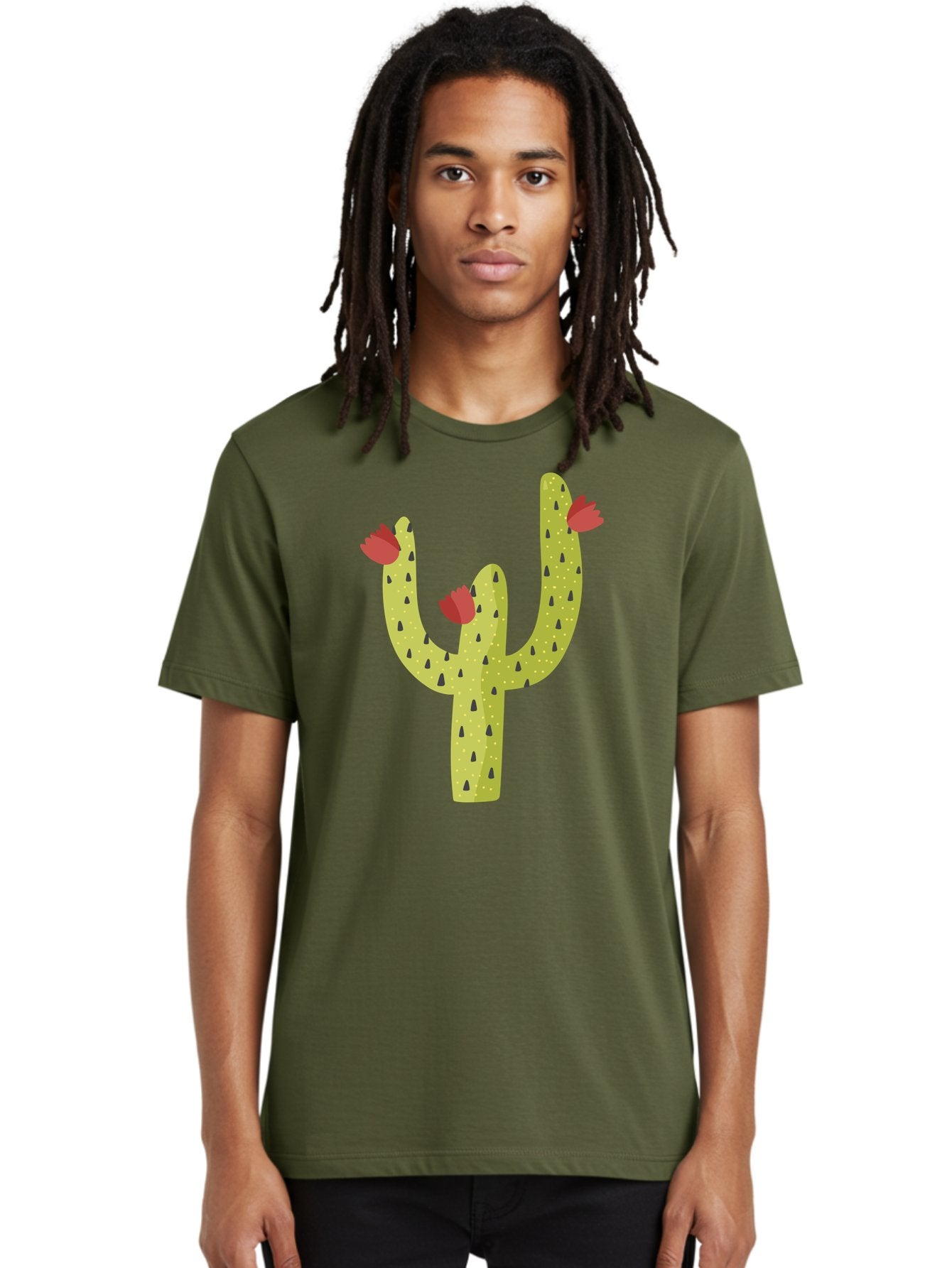 Cactus-With-Red-Flowers Men'S Graphic Tee, 100% Cotton, Comfortable Casual Summer Wear, Machine Washable, Cartoon Cactus, Cactus With Flowers, Desert Plant, Red Flowers, Green Cactus, Illustration Art, Simple Design, Stylized Cactus Aad678 17