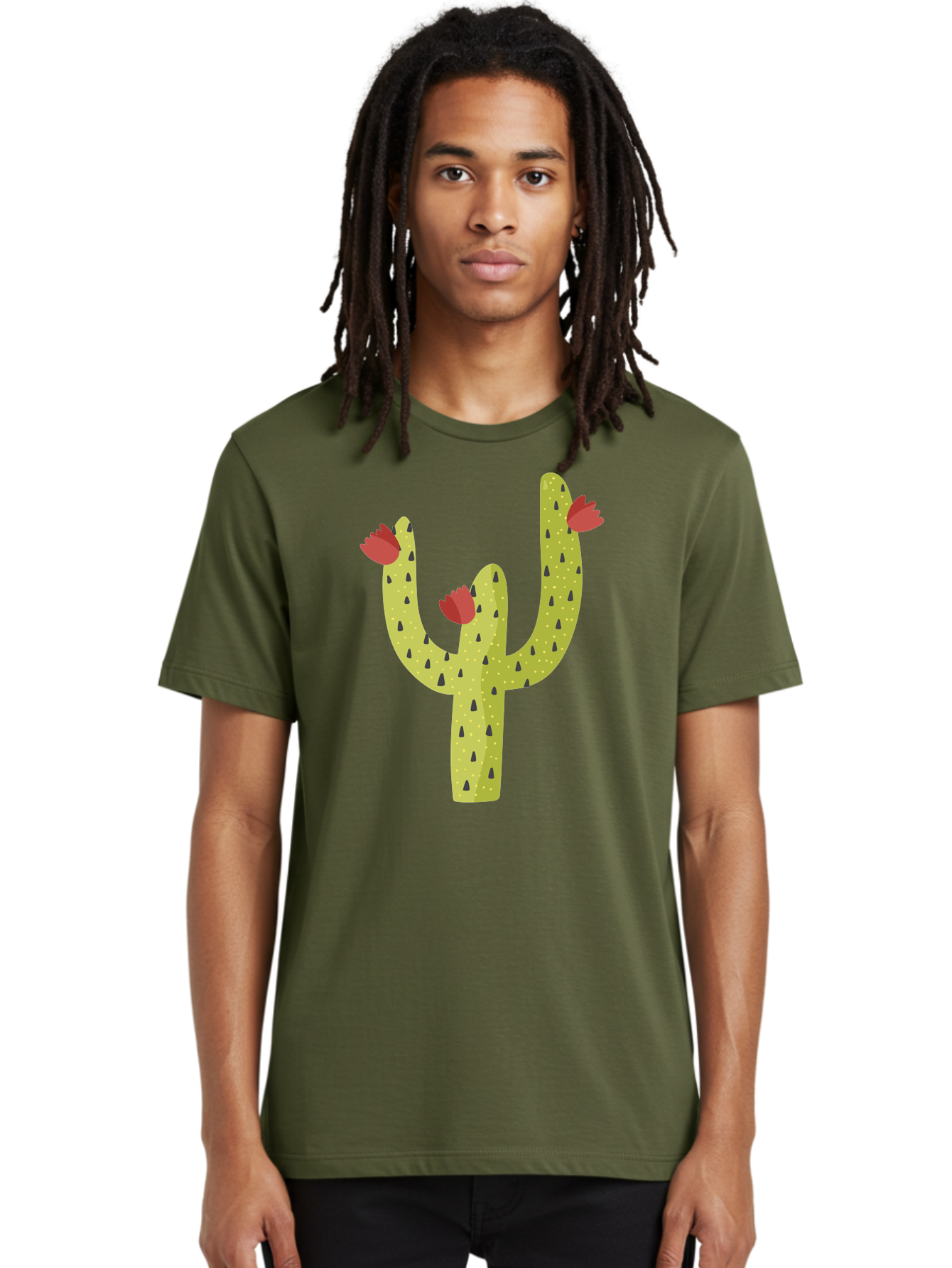Cactus-With-Red-Flowers Men'S Graphic Tee, 100% Cotton, Comfortable Casual Summer Wear, Machine Washable, Cartoon Cactus, Cactus With Flowers, Desert Plant, Red Flowers, Green Cactus, Illustration Art, Simple Design, Stylized Cactus Aad678 28