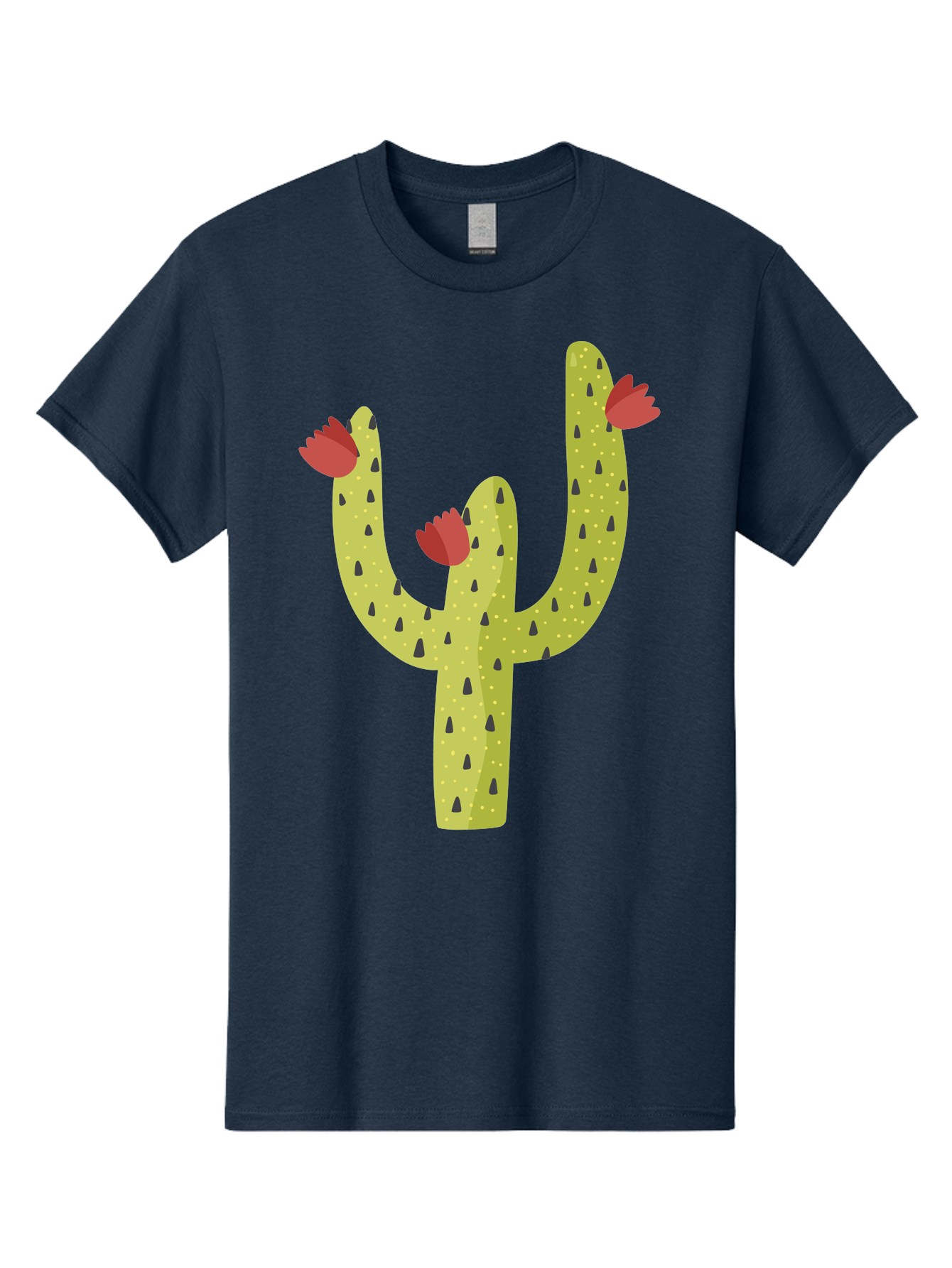 Cactus-With-Red-Flowers Men'S Graphic Tee, 100% Cotton, Comfortable Casual Summer Wear, Machine Washable, Cartoon Cactus, Cactus With Flowers, Desert Plant, Red Flowers, Green Cactus, Illustration Art, Simple Design, Stylized Cactus Aad678 3