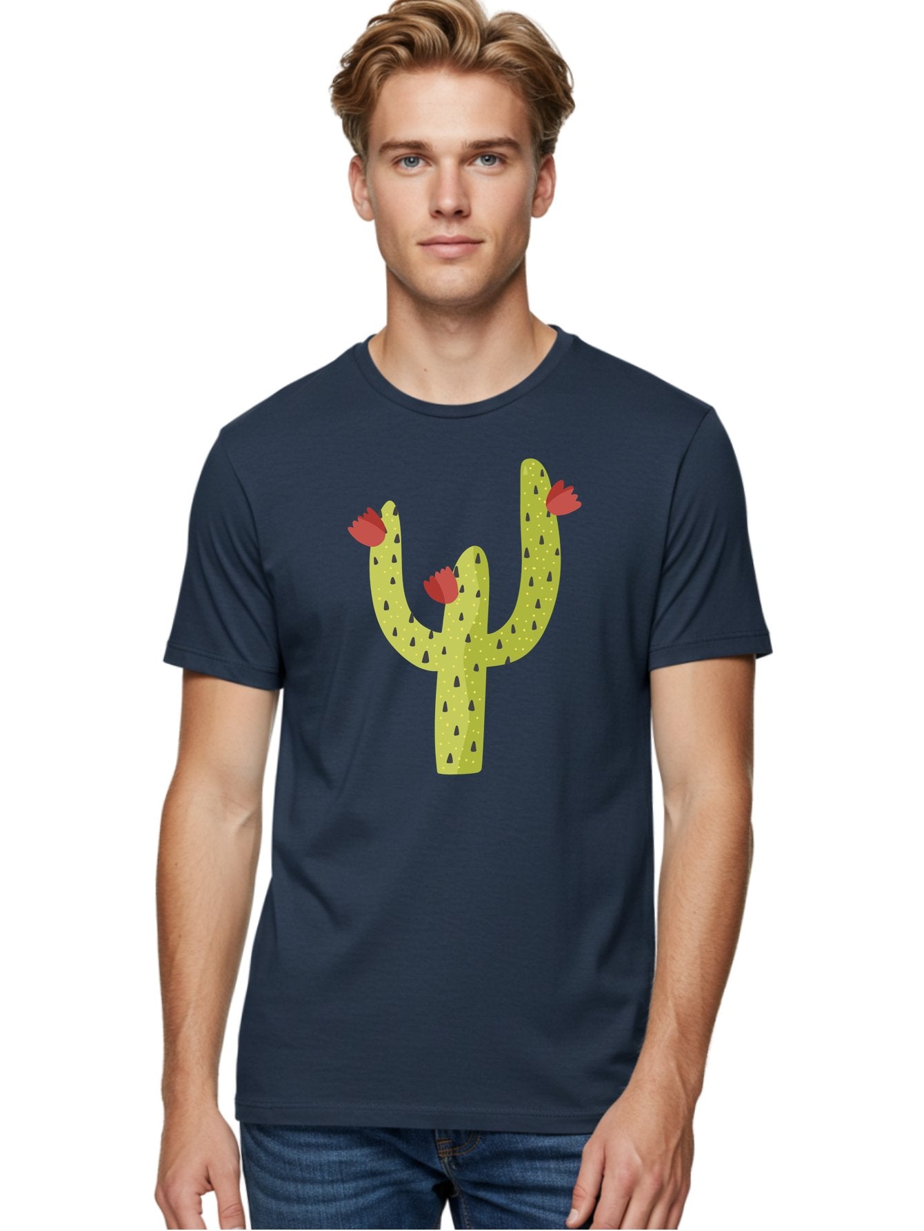 Cactus-With-Red-Flowers Men'S Graphic Tee, 100% Cotton, Comfortable Casual Summer Wear, Machine Washable, Cartoon Cactus, Cactus With Flowers, Desert Plant, Red Flowers, Green Cactus, Illustration Art, Simple Design, Stylized Cactus Aad678 29