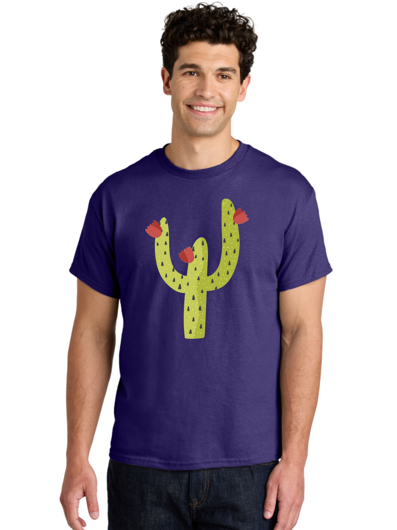 Cactus-With-Red-Flowers Men'S Graphic Tee, 100% Cotton, Comfortable Casual Summer Wear, Machine Washable, Cartoon Cactus, Cactus With Flowers, Desert Plant, Red Flowers, Green Cactus, Illustration Art, Simple Design, Stylized Cactus Aad678 18