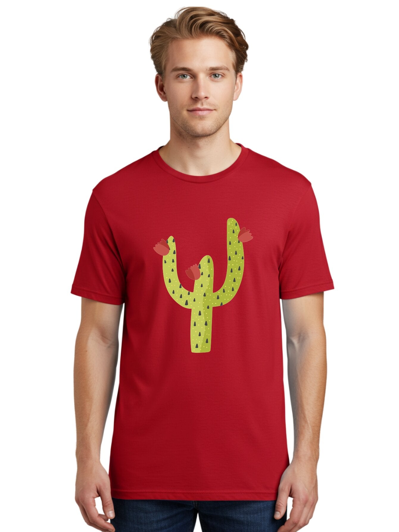 Cactus-With-Red-Flowers Men'S Graphic Tee, 100% Cotton, Comfortable Casual Summer Wear, Machine Washable, Cartoon Cactus, Cactus With Flowers, Desert Plant, Red Flowers, Green Cactus, Illustration Art, Simple Design, Stylized Cactus Aad678 23