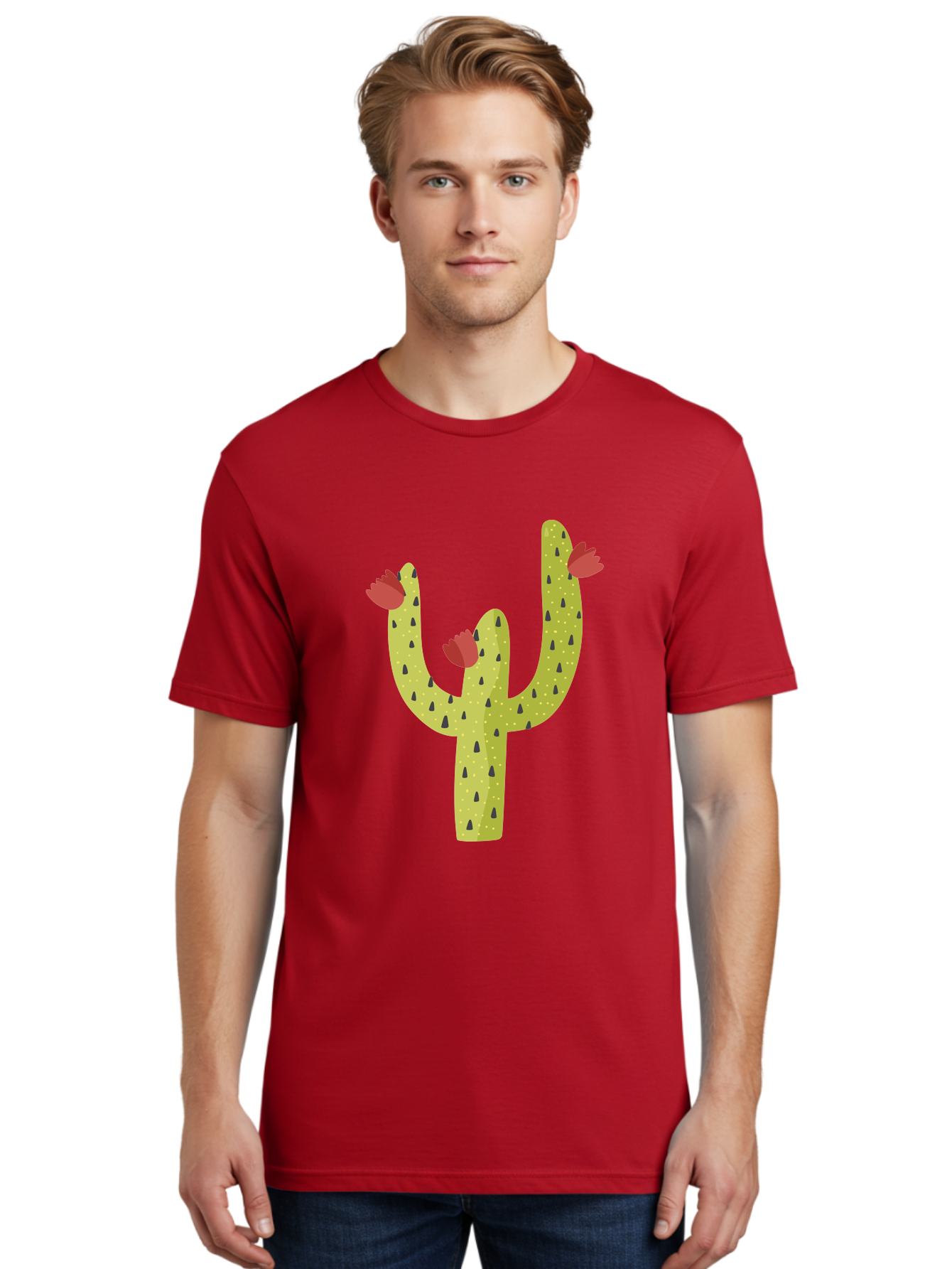 Cactus-With-Red-Flowers Men'S Graphic Tee, 100% Cotton, Comfortable Casual Summer Wear, Machine Washable, Cartoon Cactus, Cactus With Flowers, Desert Plant, Red Flowers, Green Cactus, Illustration Art, Simple Design, Stylized Cactus Aad678 16