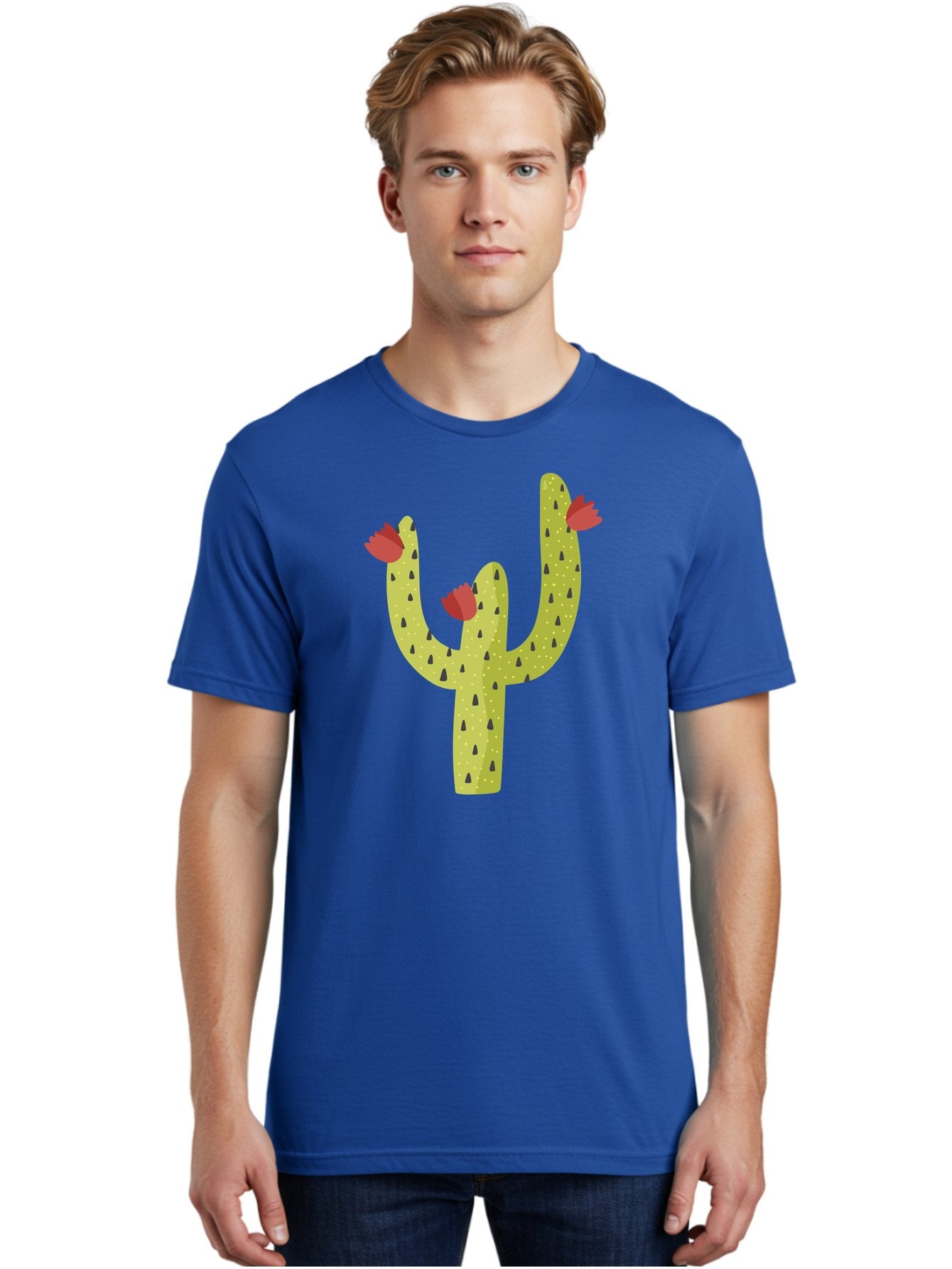 Cactus-With-Red-Flowers Men'S Graphic Tee, 100% Cotton, Comfortable Casual Summer Wear, Machine Washable, Cartoon Cactus, Cactus With Flowers, Desert Plant, Red Flowers, Green Cactus, Illustration Art, Simple Design, Stylized Cactus Aad678 26