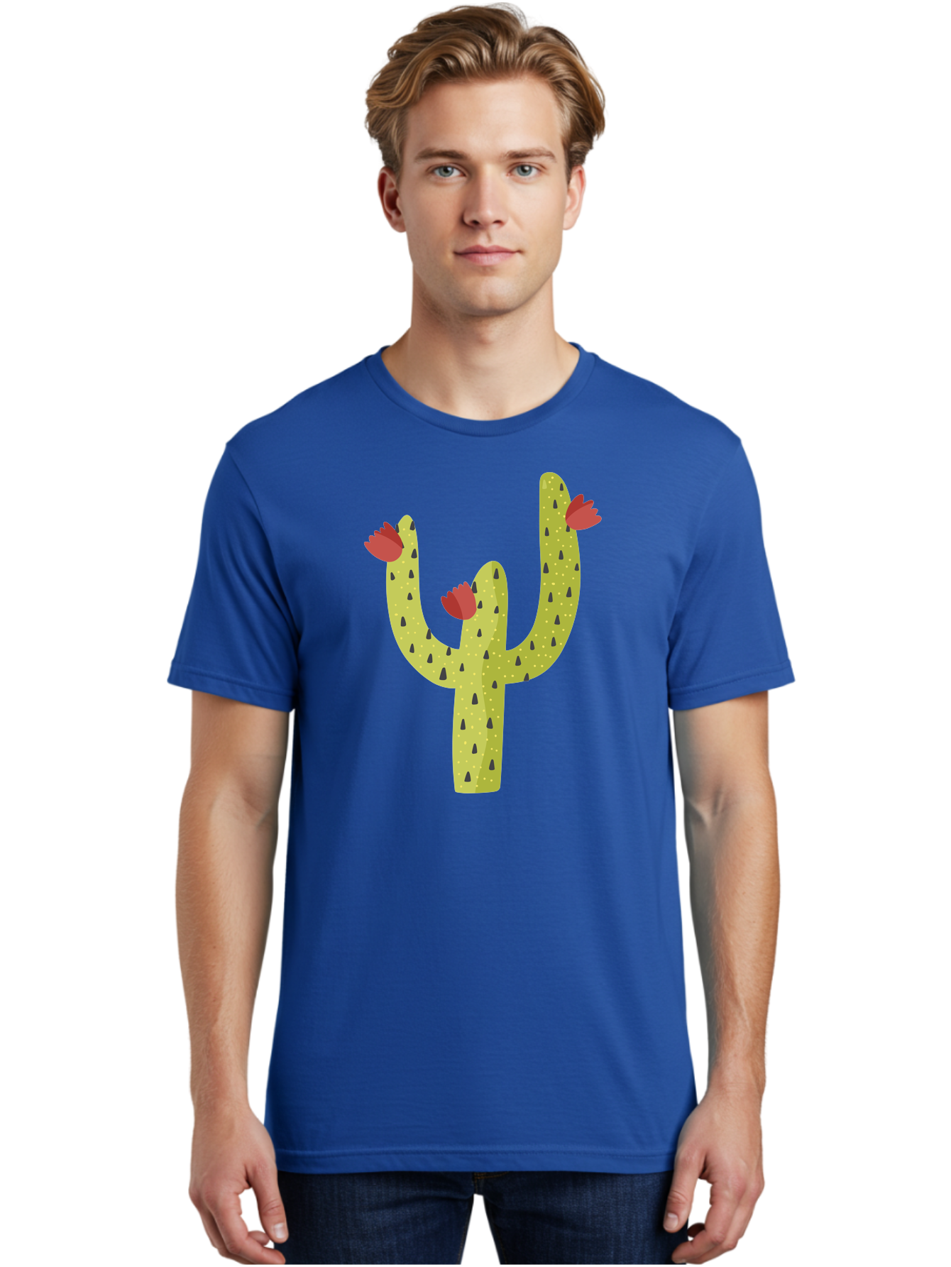 Cactus-With-Red-Flowers Men'S Graphic Tee, 100% Cotton, Comfortable Casual Summer Wear, Machine Washable, Cartoon Cactus, Cactus With Flowers, Desert Plant, Red Flowers, Green Cactus, Illustration Art, Simple Design, Stylized Cactus Aad678 10