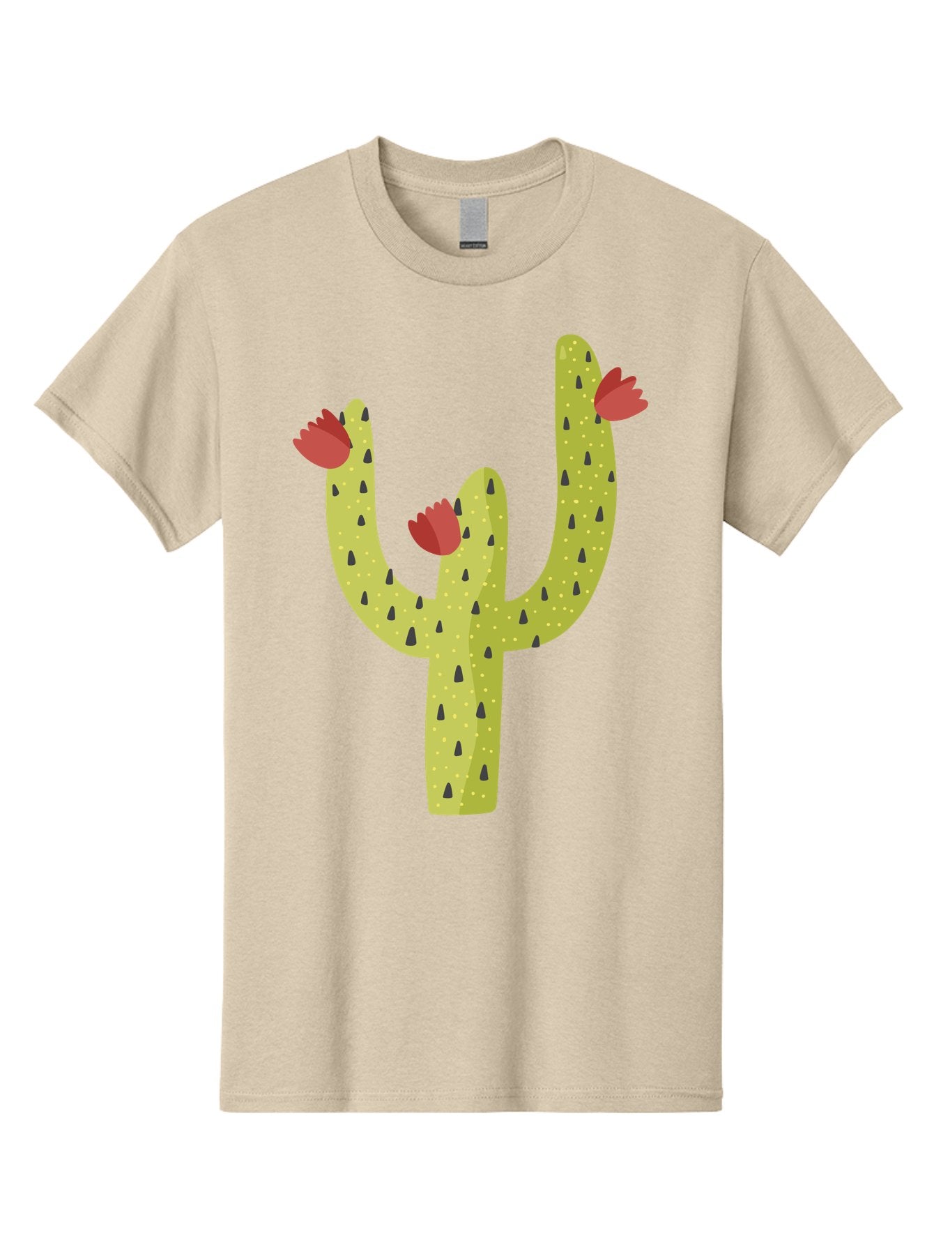 Cactus-With-Red-Flowers Men'S Graphic Tee, 100% Cotton, Comfortable Casual Summer Wear, Machine Washable, Cartoon Cactus, Cactus With Flowers, Desert Plant, Red Flowers, Green Cactus, Illustration Art, Simple Design, Stylized Cactus Aad678