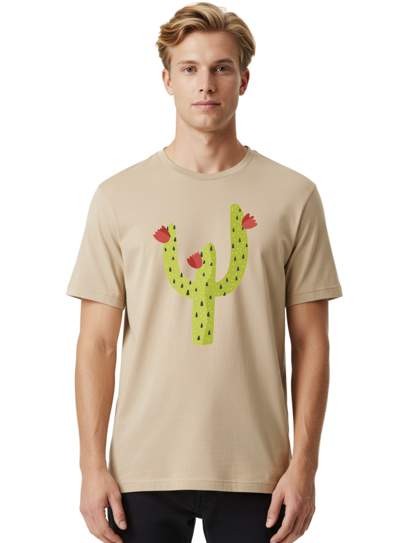 Cactus-With-Red-Flowers Men'S Graphic Tee, 100% Cotton, Comfortable Casual Summer Wear, Machine Washable, Cartoon Cactus, Cactus With Flowers, Desert Plant, Red Flowers, Green Cactus, Illustration Art, Simple Design, Stylized Cactus Aad678 20