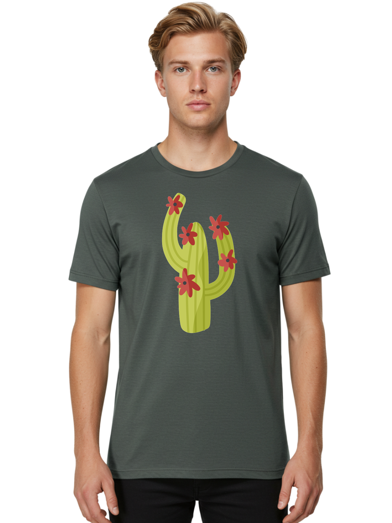 Cactus Men'S Graphic Tee, 100% Cotton, Comfortable Casual Summer Wear, Machine Washable, Cartoon Cactus, Red Flowers, Desert Plants, Succulent Plants, Flowering Cacti, Vibrant Cactus, Garden Graphics, Digital Illustration, Cactus Art Aad679 8