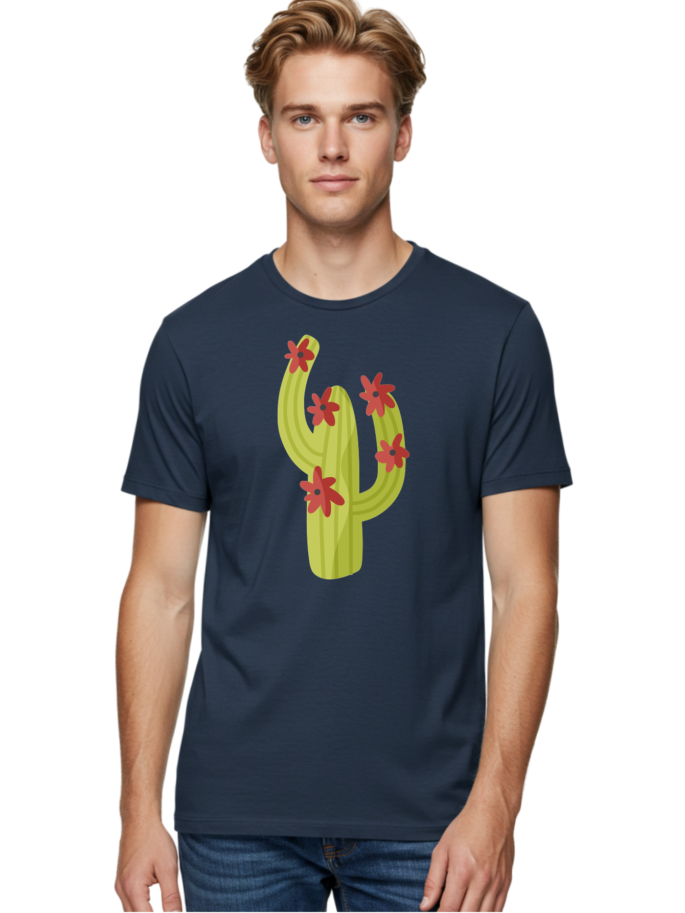 Cactus Men'S Graphic Tee, 100% Cotton, Comfortable Casual Summer Wear, Machine Washable, Cartoon Cactus, Red Flowers, Desert Plants, Succulent Plants, Flowering Cacti, Vibrant Cactus, Garden Graphics, Digital Illustration, Cactus Art Aad679 4