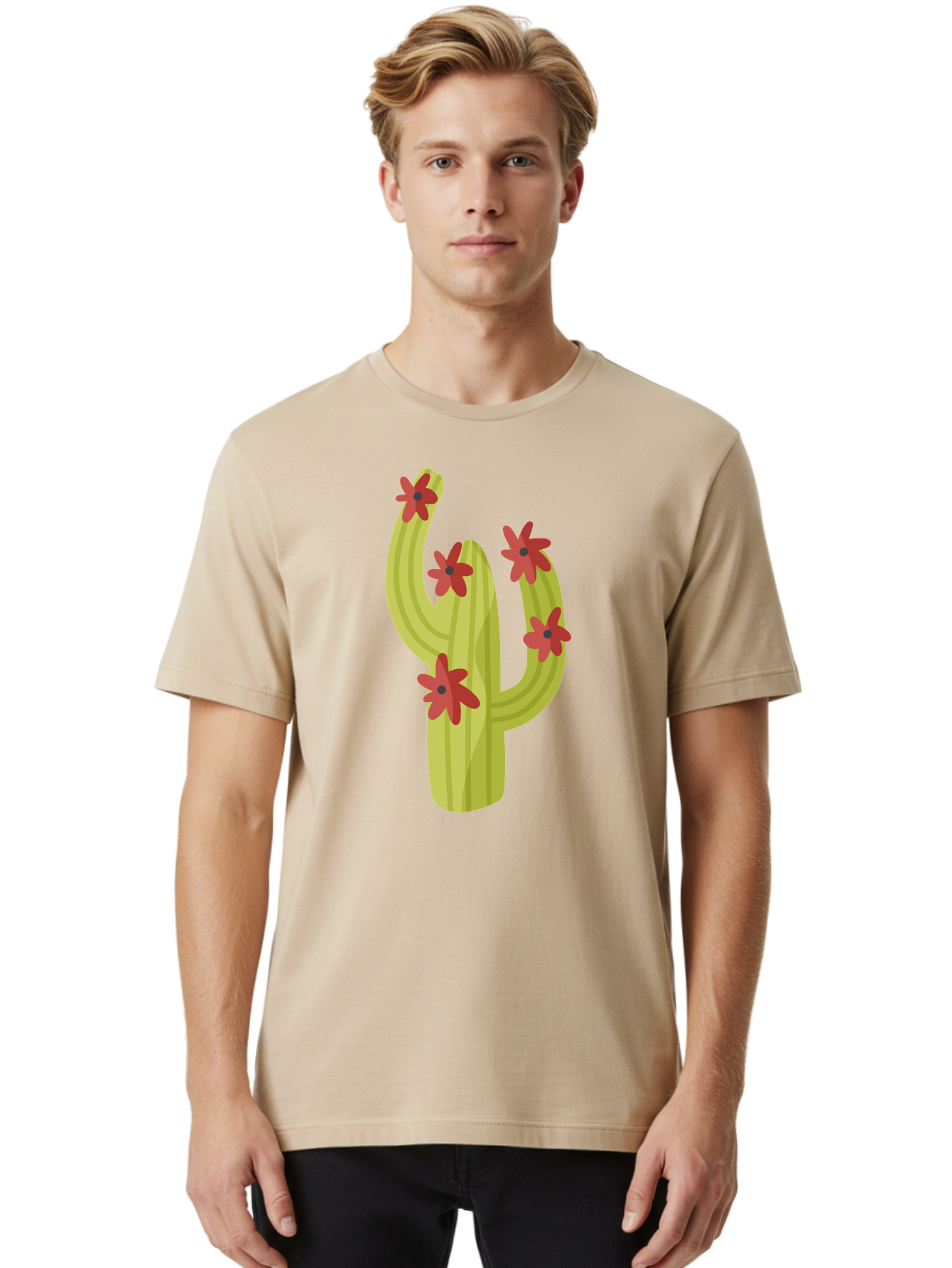 Cactus Men'S Graphic Tee, 100% Cotton, Comfortable Casual Summer Wear, Machine Washable, Cartoon Cactus, Red Flowers, Desert Plants, Succulent Plants, Flowering Cacti, Vibrant Cactus, Garden Graphics, Digital Illustration, Cactus Art Aad679 6
