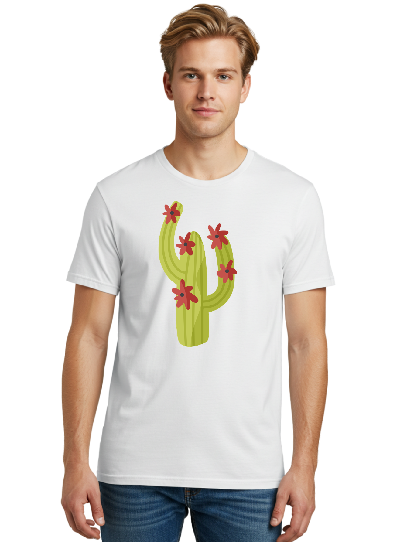Cactus Men'S Graphic Tee, 100% Cotton, Comfortable Casual Summer Wear, Machine Washable, Cartoon Cactus, Red Flowers, Desert Plants, Succulent Plants, Flowering Cacti, Vibrant Cactus, Garden Graphics, Digital Illustration, Cactus Art Aad679