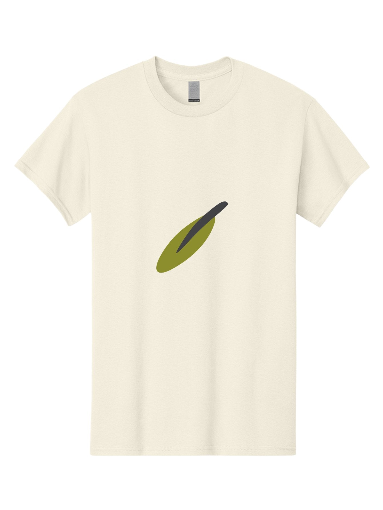 Dark-Gray-Elongated-Shape Men'S Graphic Tee, 100% Cotton, Comfortable Casual Summer Wear, Machine Washable, Olive Fruit, Green And Black Colors, Simple Design, Minimalist Style, Abstract Representation, Food Illustration, Single Object Aad693