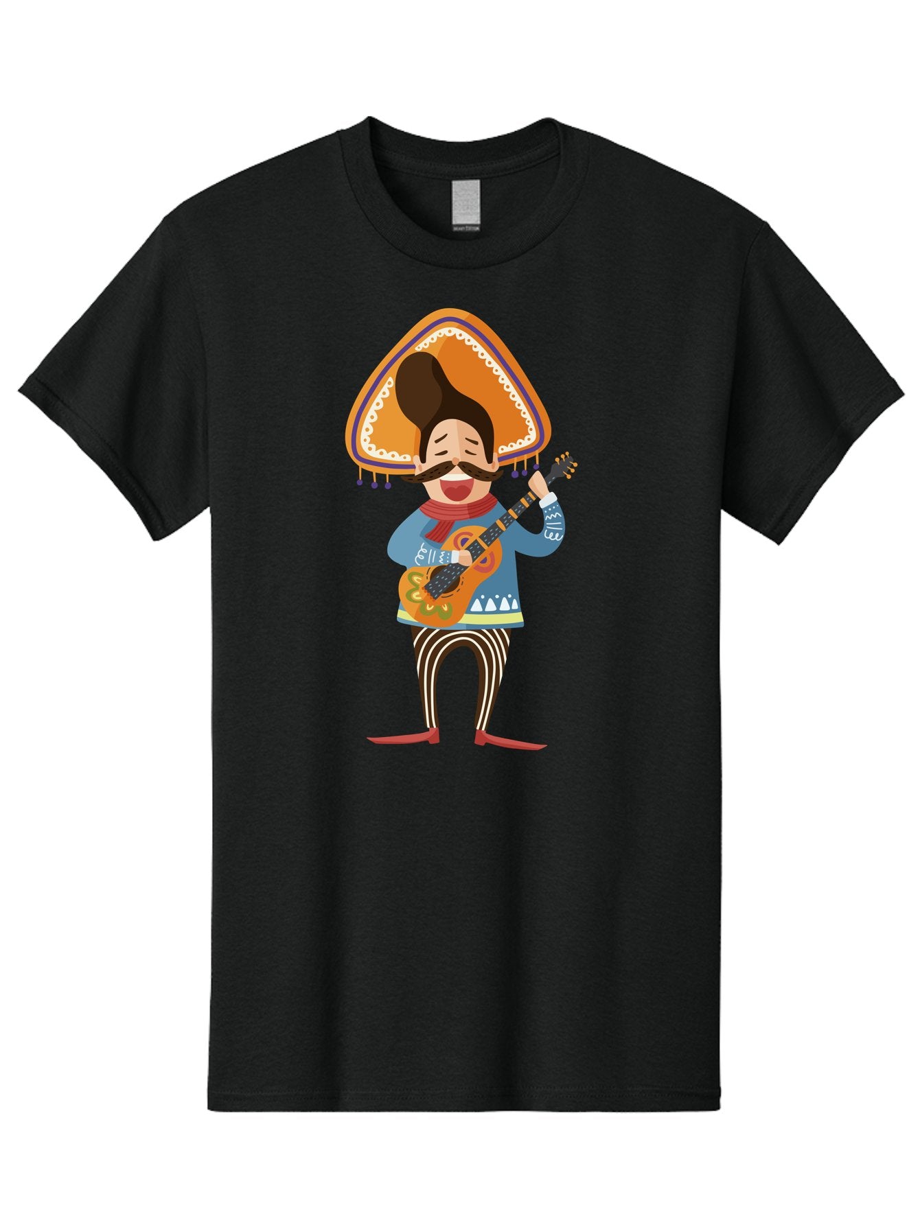 Mariachi-Man Men'S Graphic Tee, 100% Cotton, Comfortable Casual Summer Wear, Machine Washable, Mariachi Musician, Playing Guitar, Wearing Sombrero, Traditional Mexican Clothing, Striped Pants, Red Boots, Festive Atmosphere, Latin Music, Aad721 6