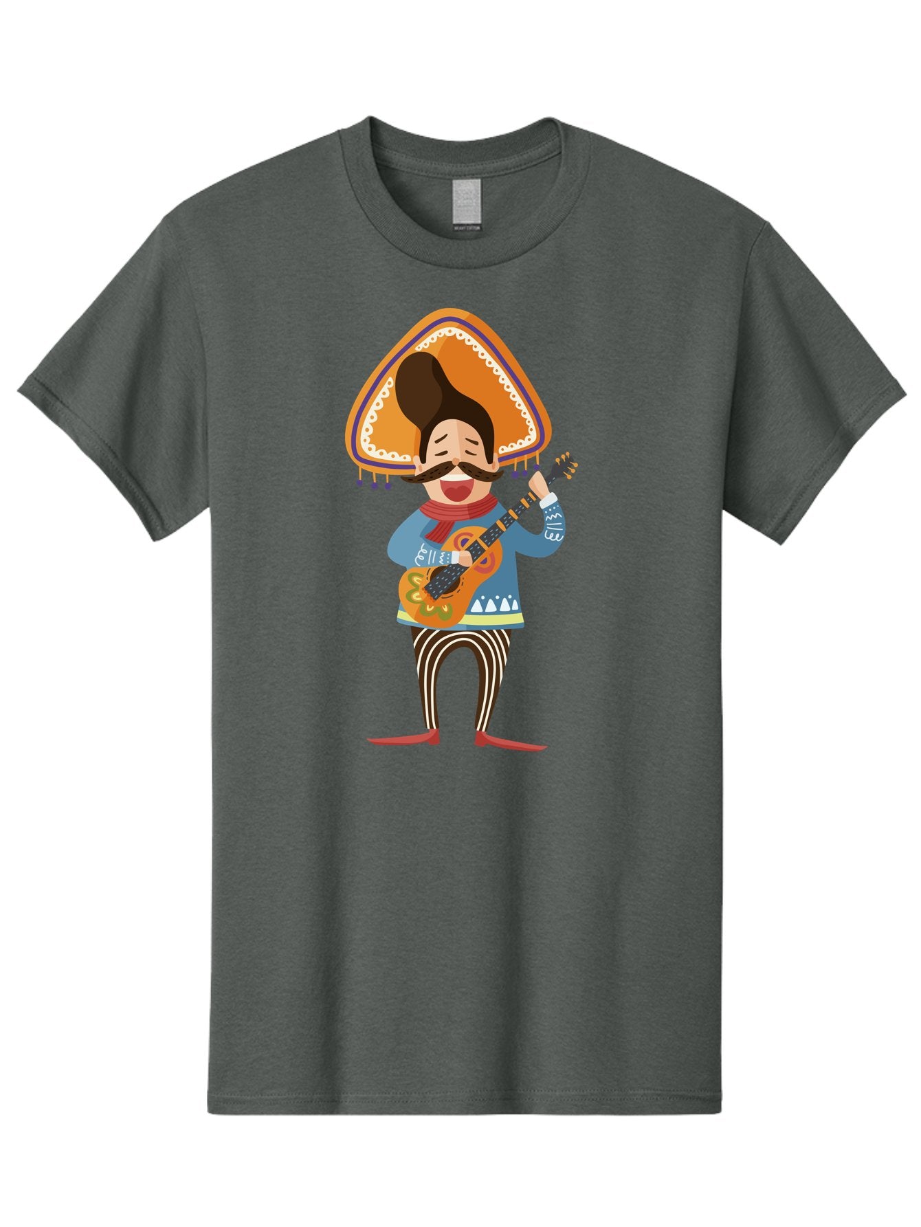 Mariachi-Man Men'S Graphic Tee, 100% Cotton, Comfortable Casual Summer Wear, Machine Washable, Mariachi Musician, Playing Guitar, Wearing Sombrero, Traditional Mexican Clothing, Striped Pants, Red Boots, Festive Atmosphere, Latin Music, Aad721 14
