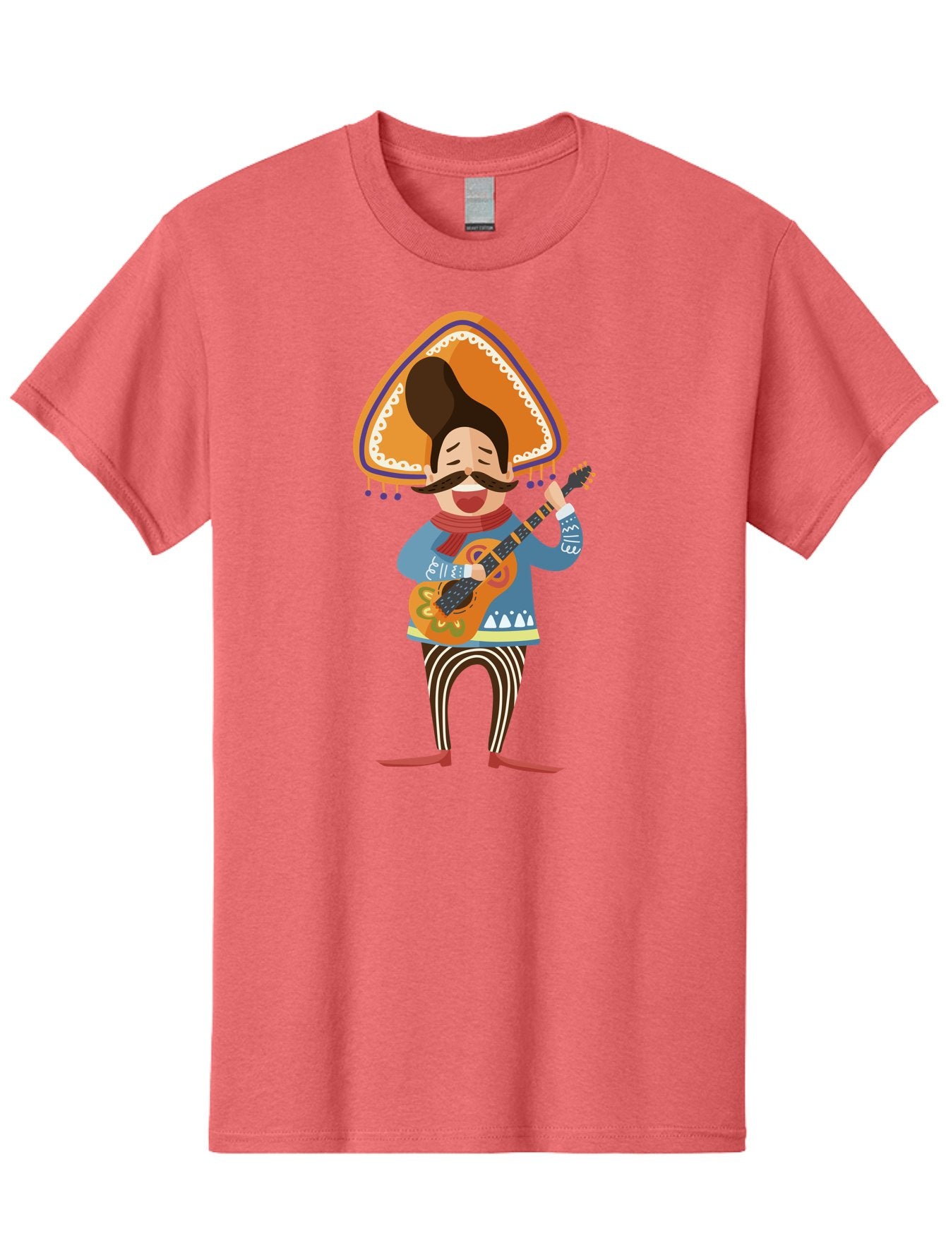 Mariachi-Man Men'S Graphic Tee, 100% Cotton, Comfortable Casual Summer Wear, Machine Washable, Mariachi Musician, Playing Guitar, Wearing Sombrero, Traditional Mexican Clothing, Striped Pants, Red Boots, Festive Atmosphere, Latin Music, Aad721 8