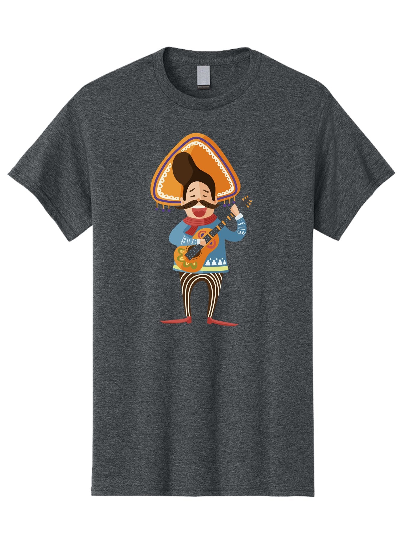 Mariachi-Man Men'S Graphic Tee, 100% Cotton, Comfortable Casual Summer Wear, Machine Washable, Mariachi Musician, Playing Guitar, Wearing Sombrero, Traditional Mexican Clothing, Striped Pants, Red Boots, Festive Atmosphere, Latin Music, Aad721 10