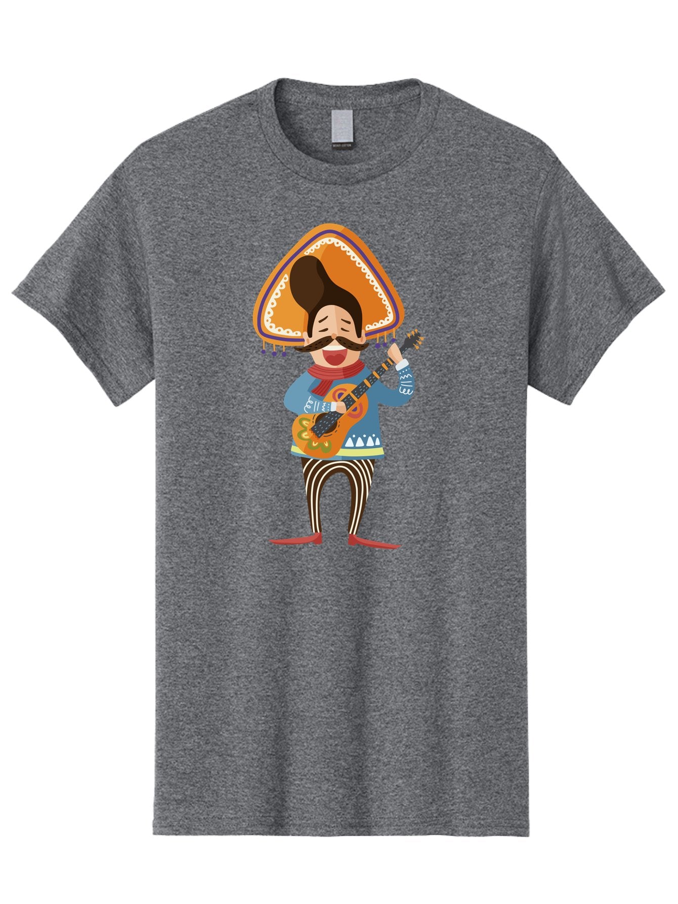 Mariachi-Man Men'S Graphic Tee, 100% Cotton, Comfortable Casual Summer Wear, Machine Washable, Mariachi Musician, Playing Guitar, Wearing Sombrero, Traditional Mexican Clothing, Striped Pants, Red Boots, Festive Atmosphere, Latin Music, Aad721 4