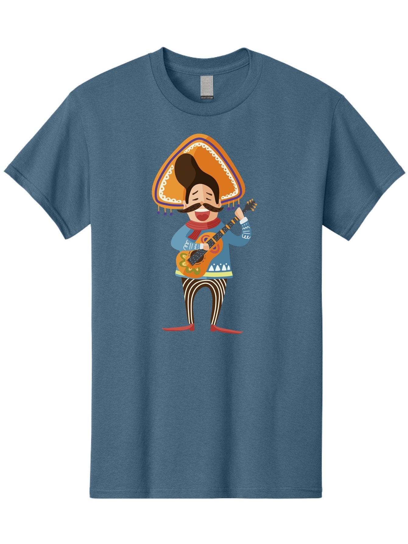 Mariachi-Man Men'S Graphic Tee, 100% Cotton, Comfortable Casual Summer Wear, Machine Washable, Mariachi Musician, Playing Guitar, Wearing Sombrero, Traditional Mexican Clothing, Striped Pants, Red Boots, Festive Atmosphere, Latin Music, Aad721