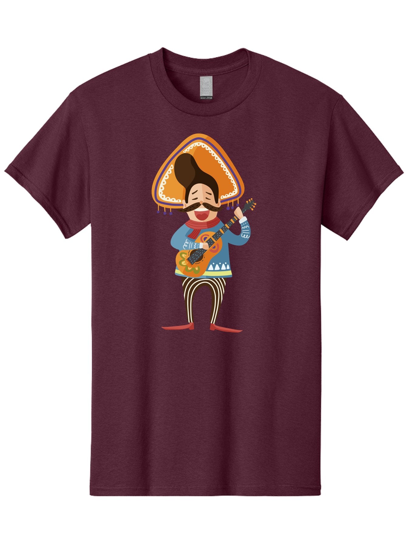 Mariachi-Man Men'S Graphic Tee, 100% Cotton, Comfortable Casual Summer Wear, Machine Washable, Mariachi Musician, Playing Guitar, Wearing Sombrero, Traditional Mexican Clothing, Striped Pants, Red Boots, Festive Atmosphere, Latin Music, Aad721 5