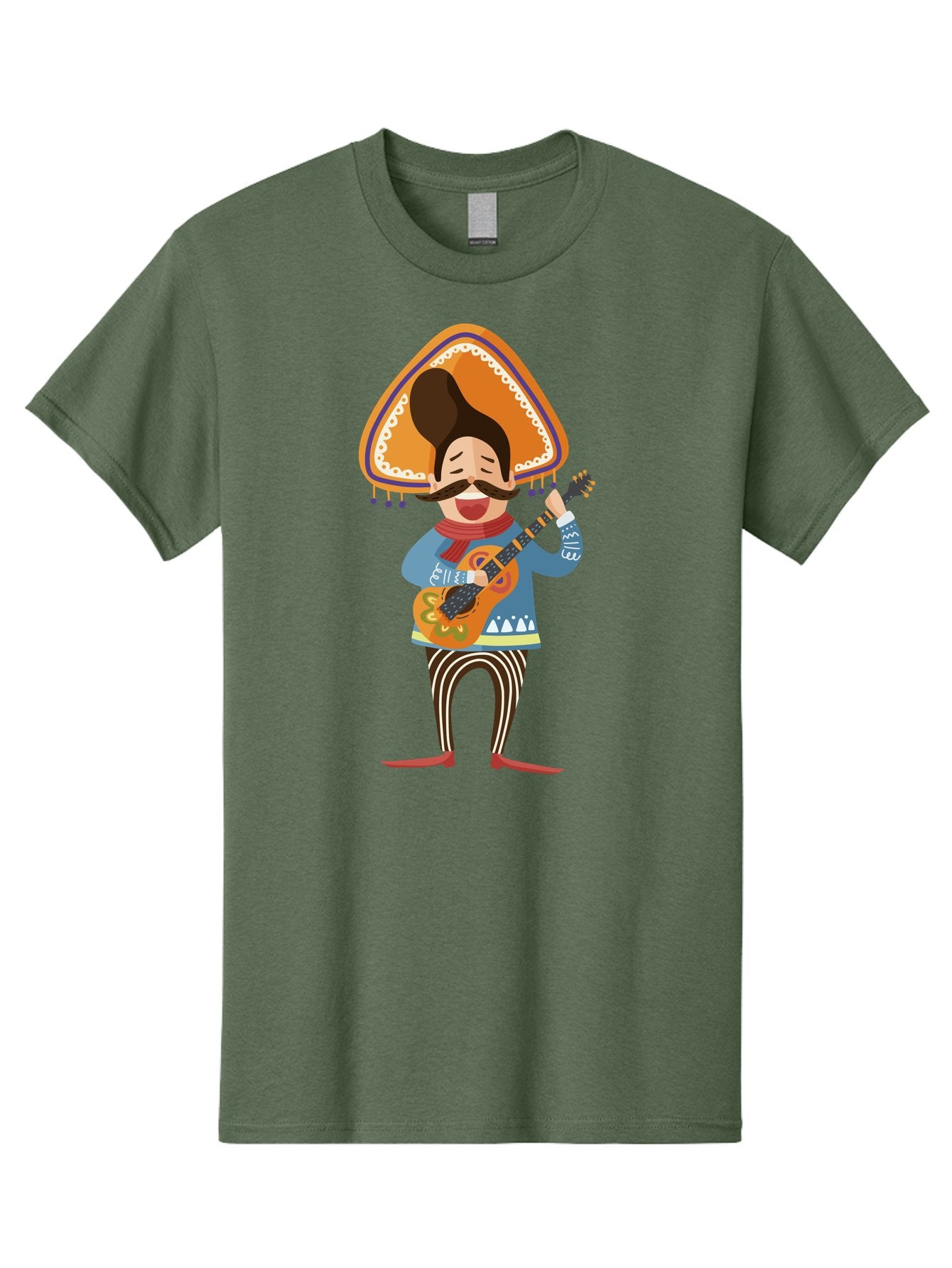 Mariachi-Man Men'S Graphic Tee, 100% Cotton, Comfortable Casual Summer Wear, Machine Washable, Mariachi Musician, Playing Guitar, Wearing Sombrero, Traditional Mexican Clothing, Striped Pants, Red Boots, Festive Atmosphere, Latin Music, Aad721 15