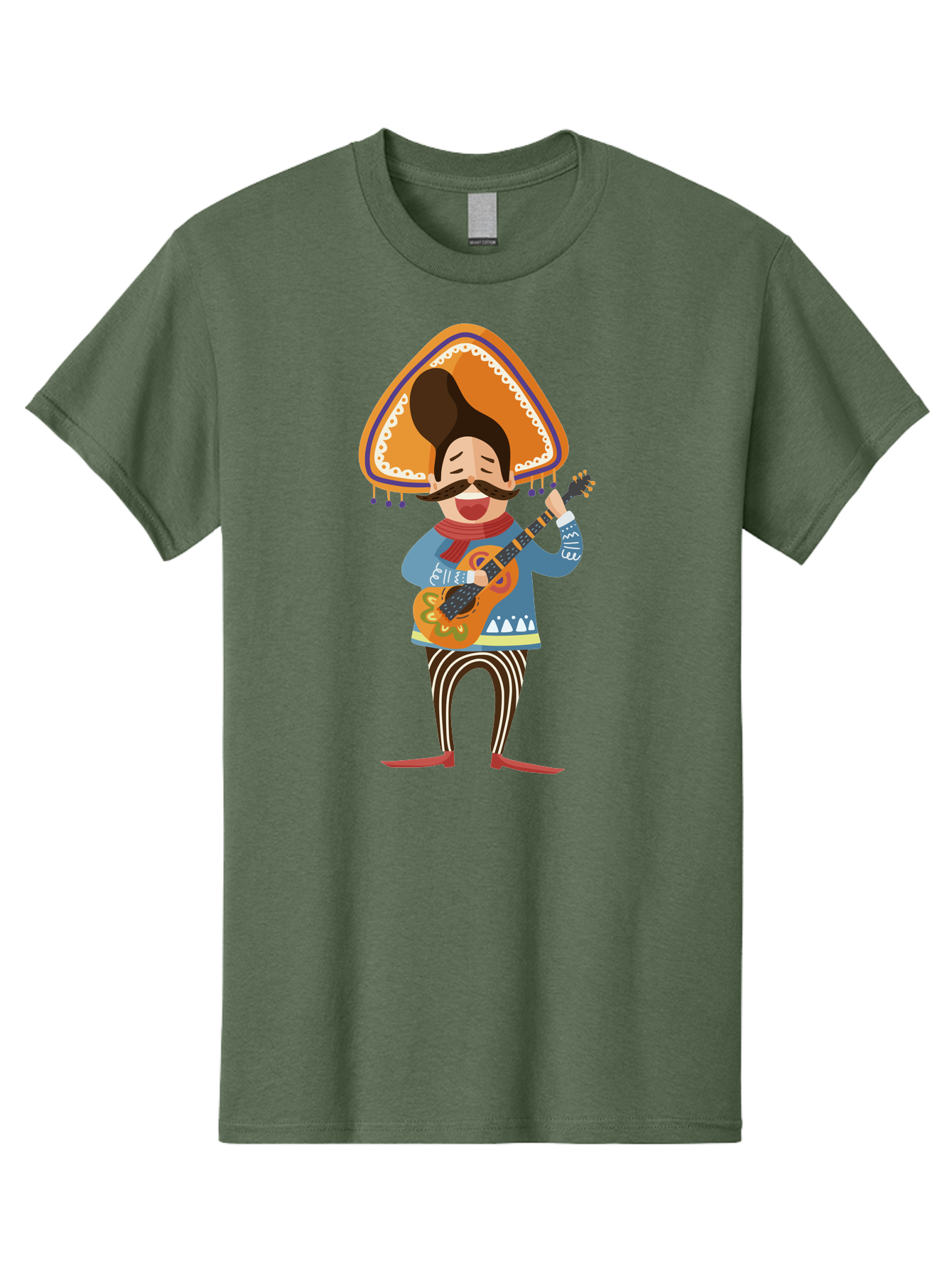 Mariachi-Man Men'S Graphic Tee, 100% Cotton, Comfortable Casual Summer Wear, Machine Washable, Mariachi Musician, Playing Guitar, Wearing Sombrero, Traditional Mexican Clothing, Striped Pants, Red Boots, Festive Atmosphere, Latin Music, Aad721