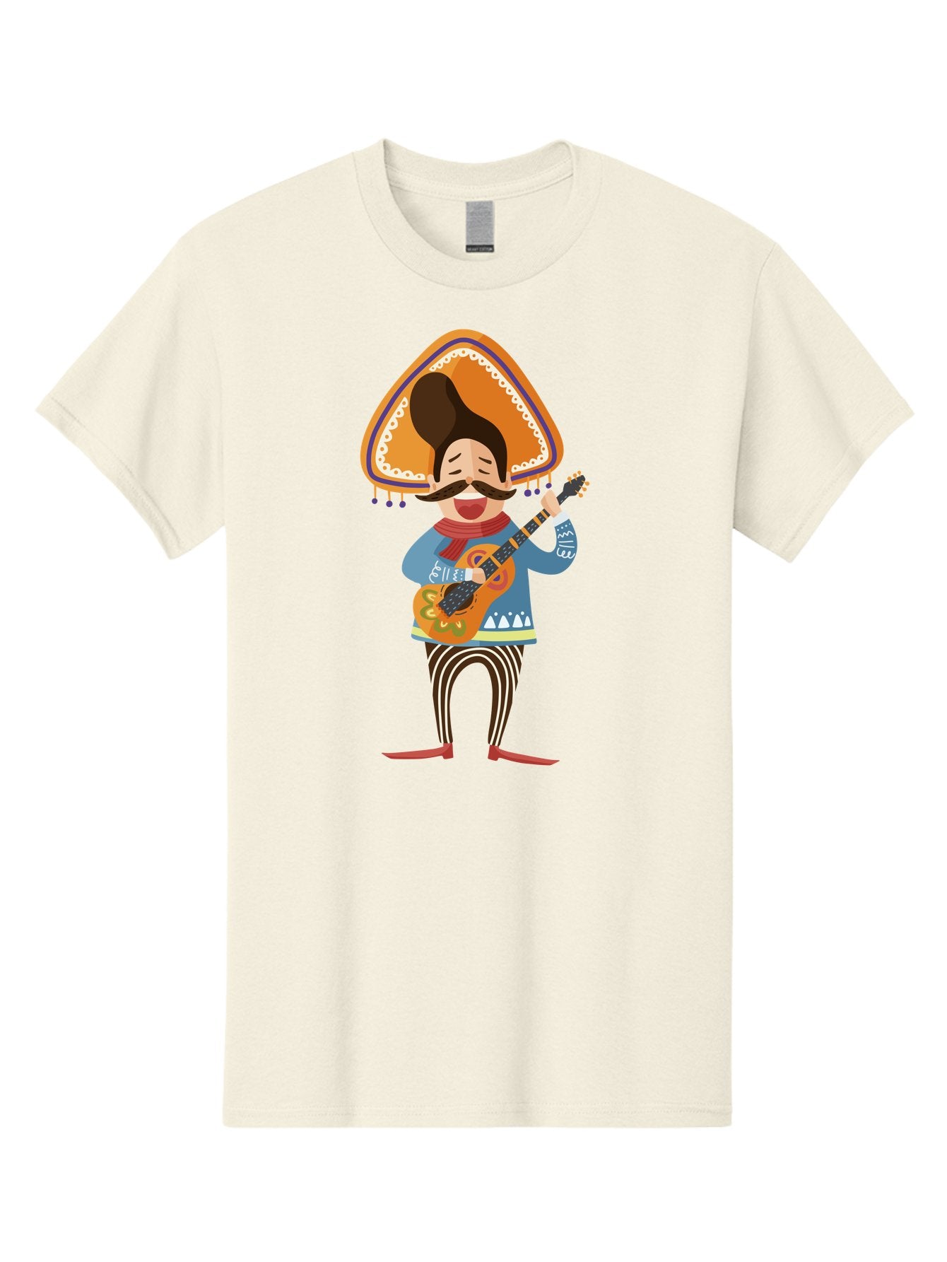 Mariachi-Man Men'S Graphic Tee, 100% Cotton, Comfortable Casual Summer Wear, Machine Washable, Mariachi Musician, Playing Guitar, Wearing Sombrero, Traditional Mexican Clothing, Striped Pants, Red Boots, Festive Atmosphere, Latin Music, Aad721 12