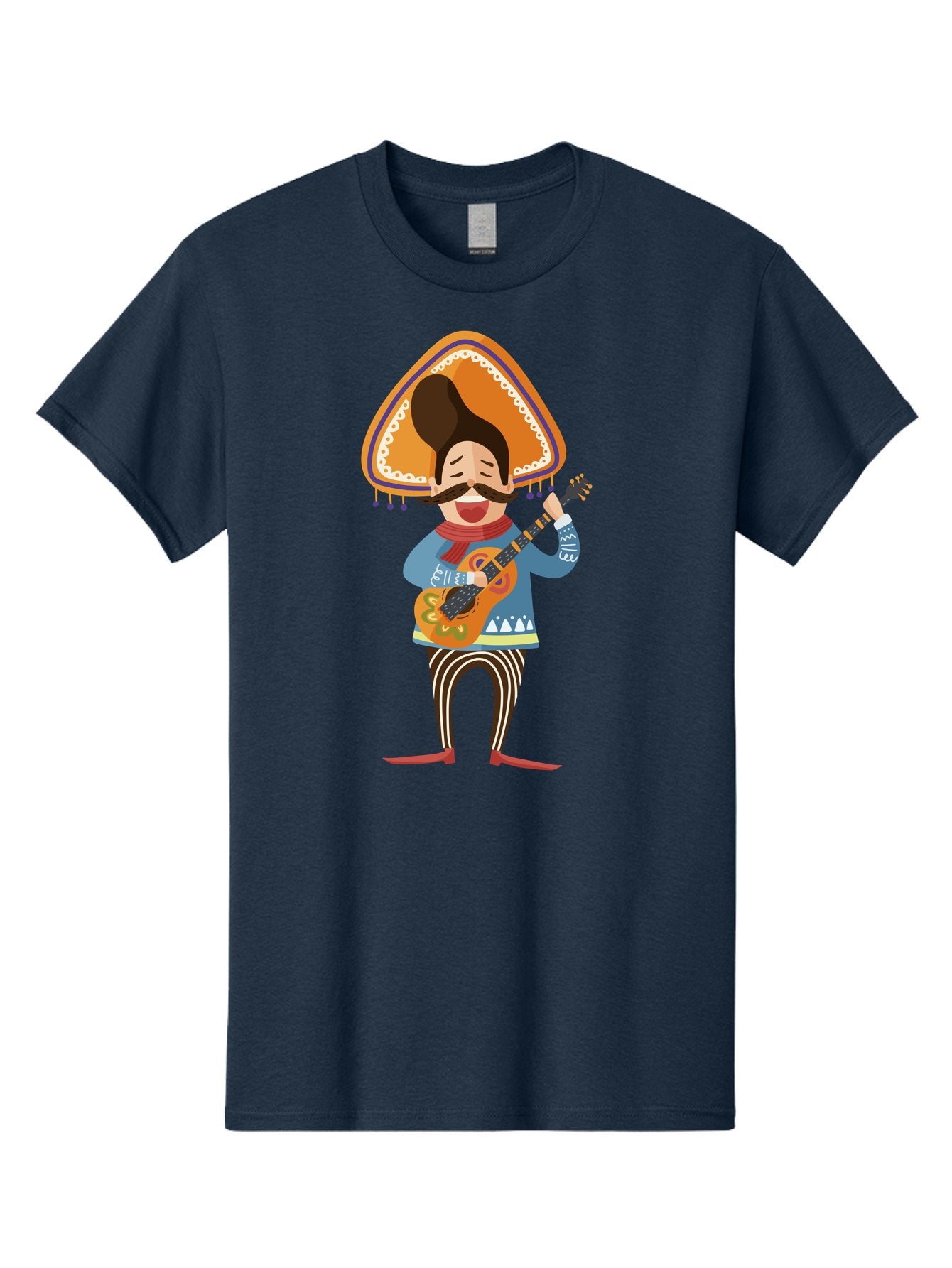 Mariachi-Man Men'S Graphic Tee, 100% Cotton, Comfortable Casual Summer Wear, Machine Washable, Mariachi Musician, Playing Guitar, Wearing Sombrero, Traditional Mexican Clothing, Striped Pants, Red Boots, Festive Atmosphere, Latin Music, Aad721 3