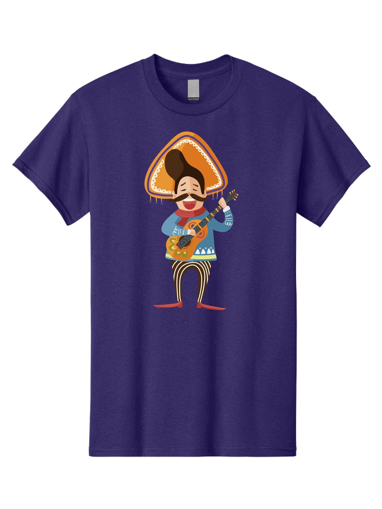 Mariachi-Man Men'S Graphic Tee, 100% Cotton, Comfortable Casual Summer Wear, Machine Washable, Mariachi Musician, Playing Guitar, Wearing Sombrero, Traditional Mexican Clothing, Striped Pants, Red Boots, Festive Atmosphere, Latin Music, Aad721