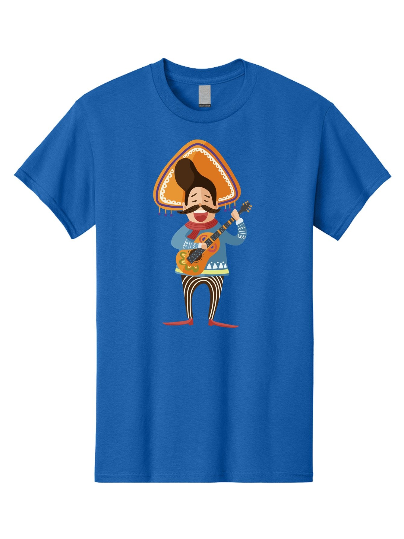 Mariachi-Man Men'S Graphic Tee, 100% Cotton, Comfortable Casual Summer Wear, Machine Washable, Mariachi Musician, Playing Guitar, Wearing Sombrero, Traditional Mexican Clothing, Striped Pants, Red Boots, Festive Atmosphere, Latin Music, Aad721 13