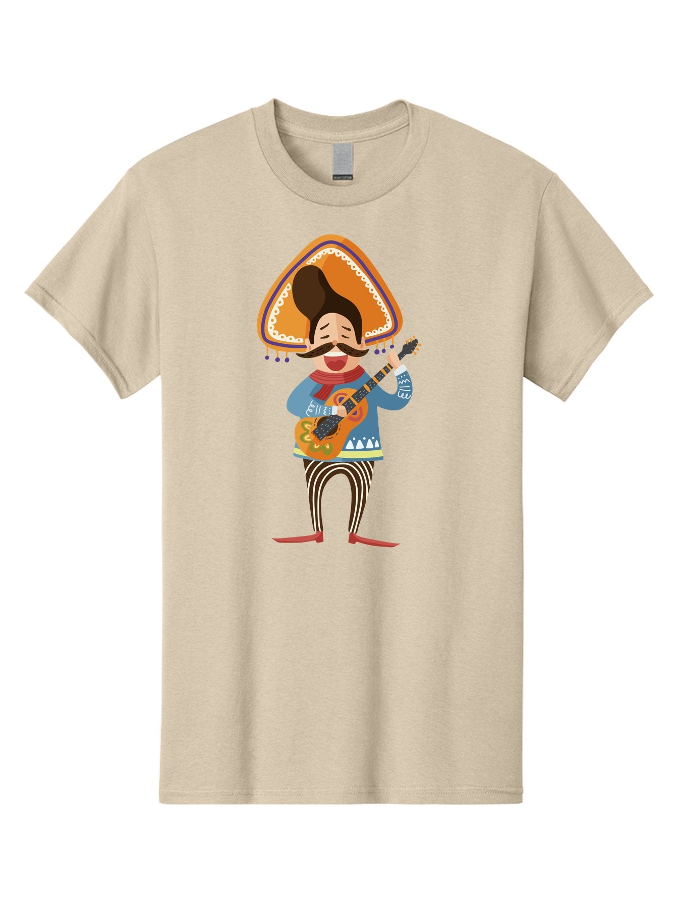 Mariachi-Man Men'S Graphic Tee, 100% Cotton, Comfortable Casual Summer Wear, Machine Washable, Mariachi Musician, Playing Guitar, Wearing Sombrero, Traditional Mexican Clothing, Striped Pants, Red Boots, Festive Atmosphere, Latin Music, Aad721 11